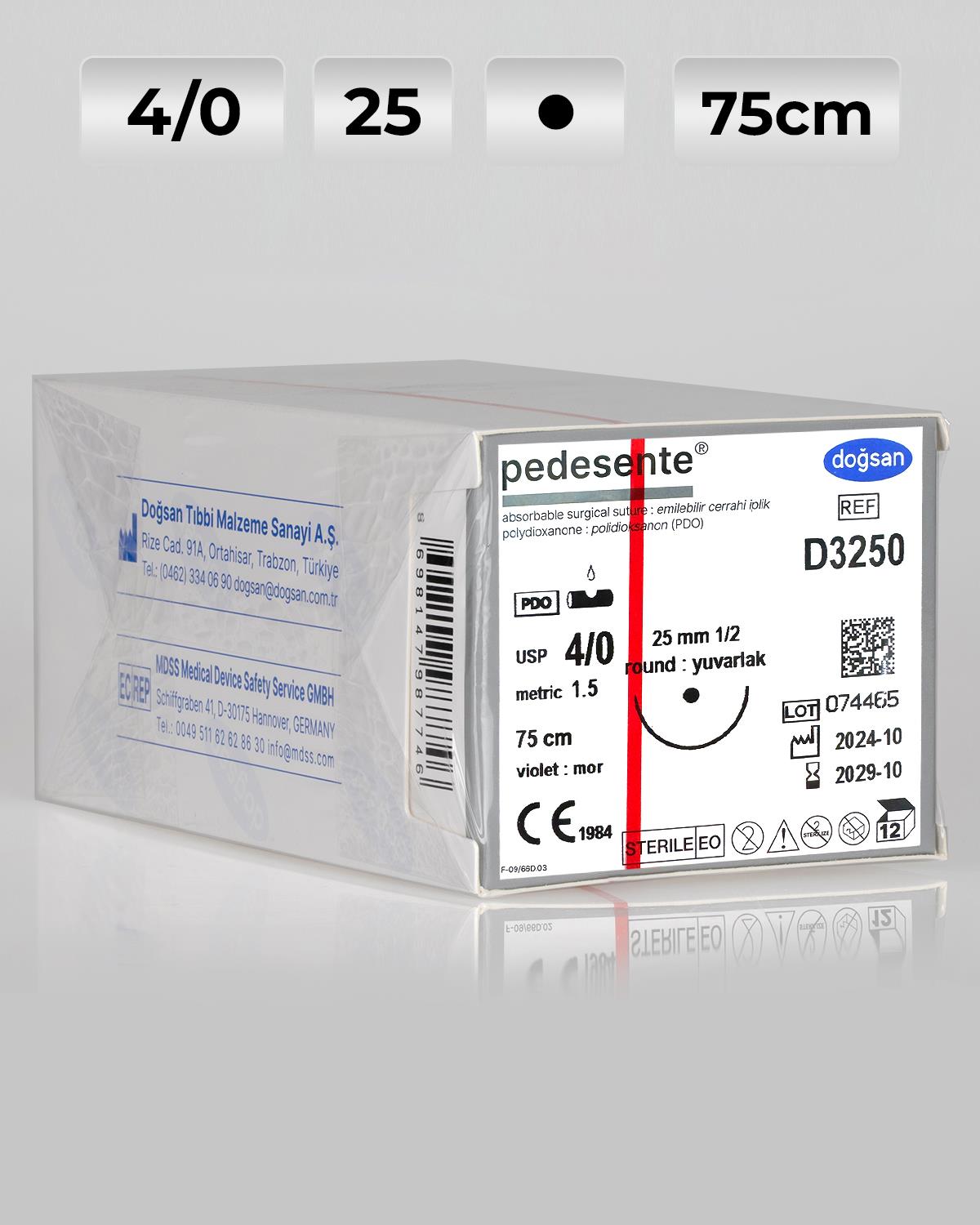 D3250 DOĞSAN Pedesente 4/0 25 1/2 Yuvarlak (●) 75cm PDO Emilebilir Sütür 12 Ad./Pkt