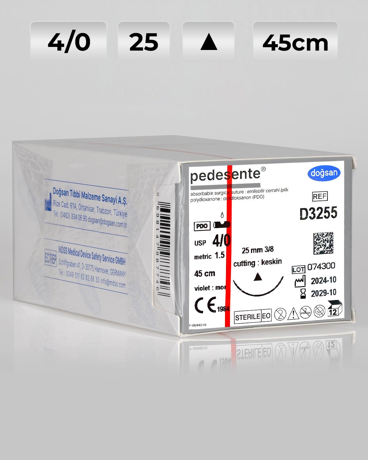 D3255 DOĞSAN Pedesente 4/0 25 3/8 Keskin (Δ) 45cm PDO Emilebilir Sütür 12 Ad./Pkt