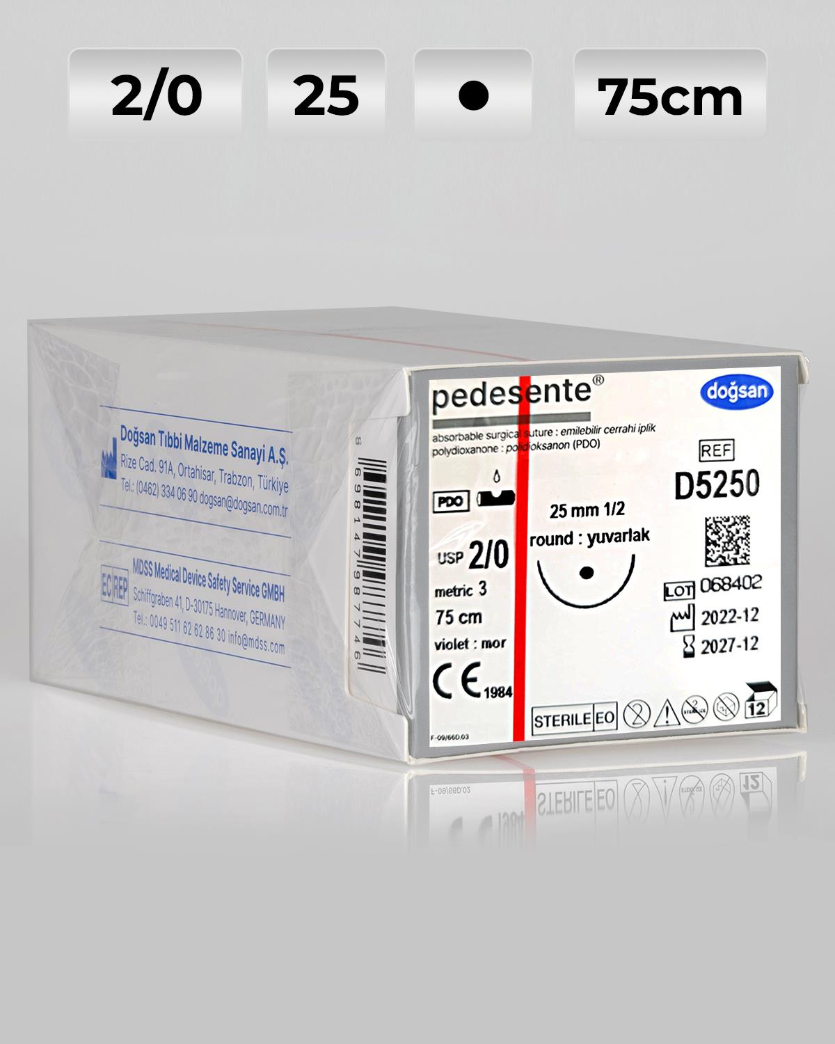 D5250 DOĞSAN Pedesente 2/0 25 1/2 Yuvarlak (●) 75cm PDO Emilebilir Sütür 12 Ad./Pkt