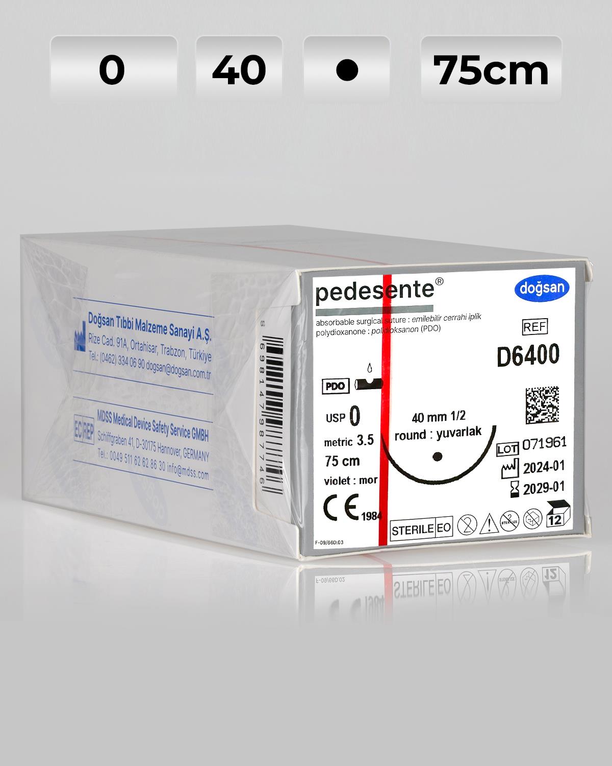 D6400 DOĞSAN Pedesente 0 40 1/2 Yuvarlak (●) 75cm PDO Emilebilir Sütür 12 Ad./Pkt