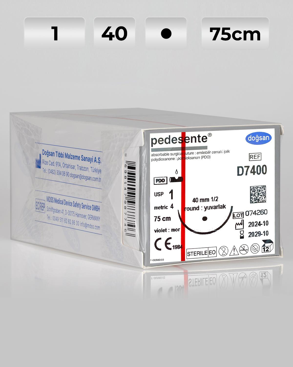 D7400 DOĞSAN Pedesente 1 40 1/2 Yuvarlak (●) 75cm PDO Emilebilir Sütür 12 Ad./Pkt