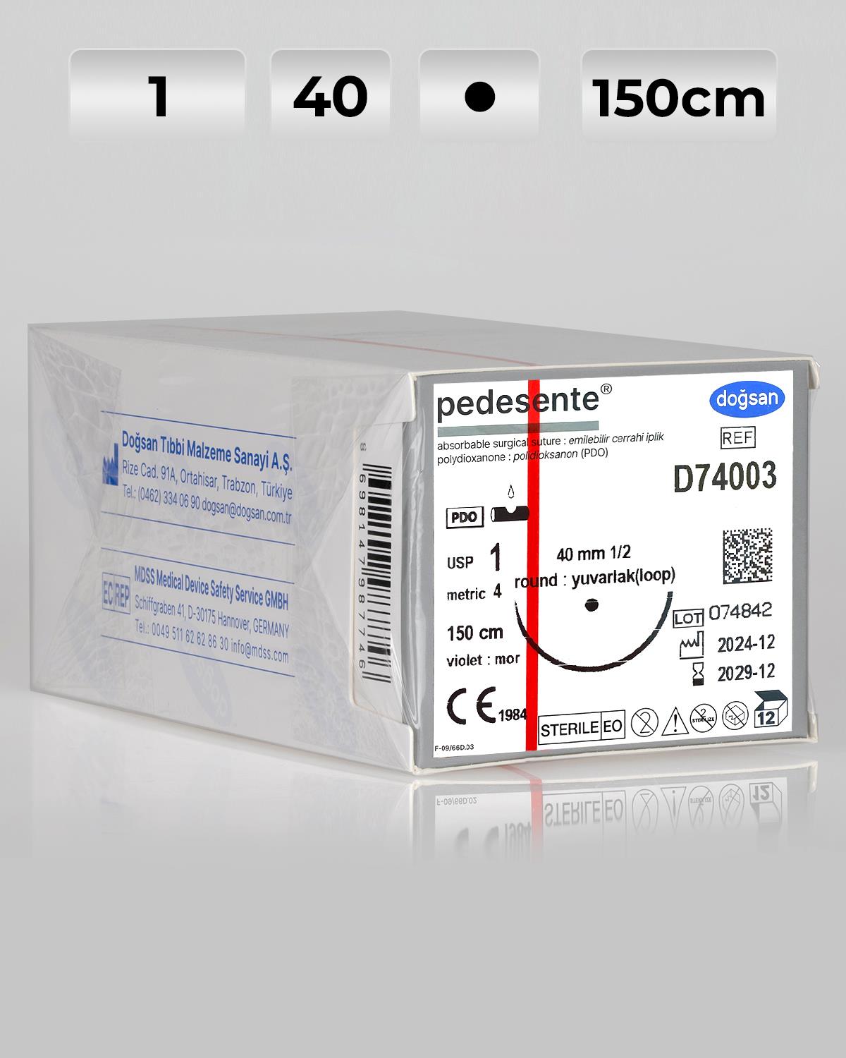 D74003 DOĞSAN Pedesente 1 40 1/2 Yuvarlak (●) 150cm PDO Emilebilir Sütür 12 Ad./Pkt