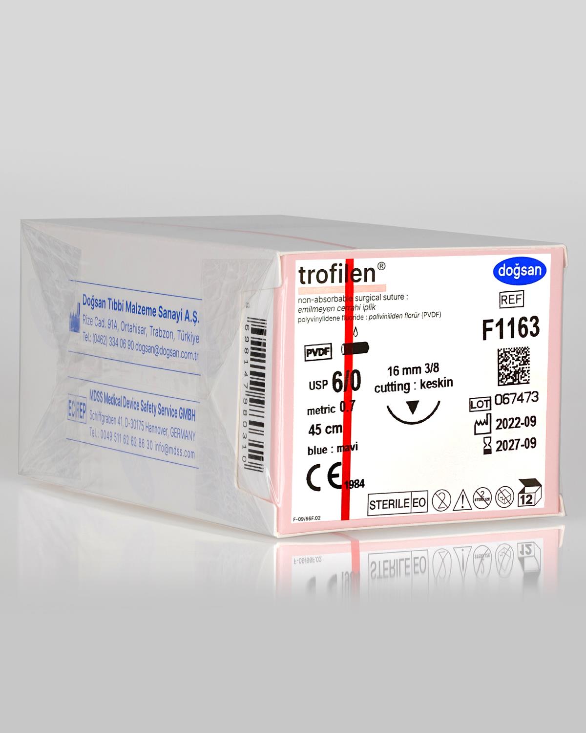 F1163 DOĞSAN Trofilen 6/0 16 3/8 Keskin (▼) 45cm PVDF Emilemeyen Sütür 12 Ad./Pkt