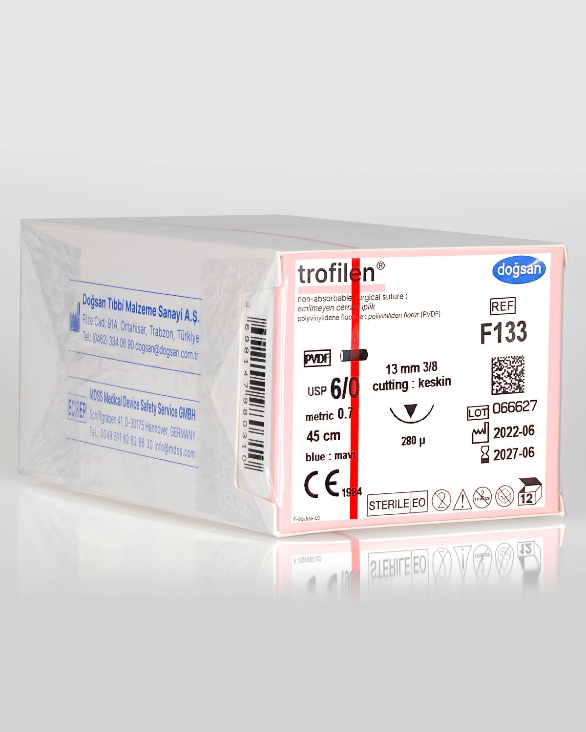 F133 DOĞSAN Trofilen 6/0 13 3/8 Keskin (▼) 45cm PVDF Emilemeyen Sütür 12 Ad./Pkt
