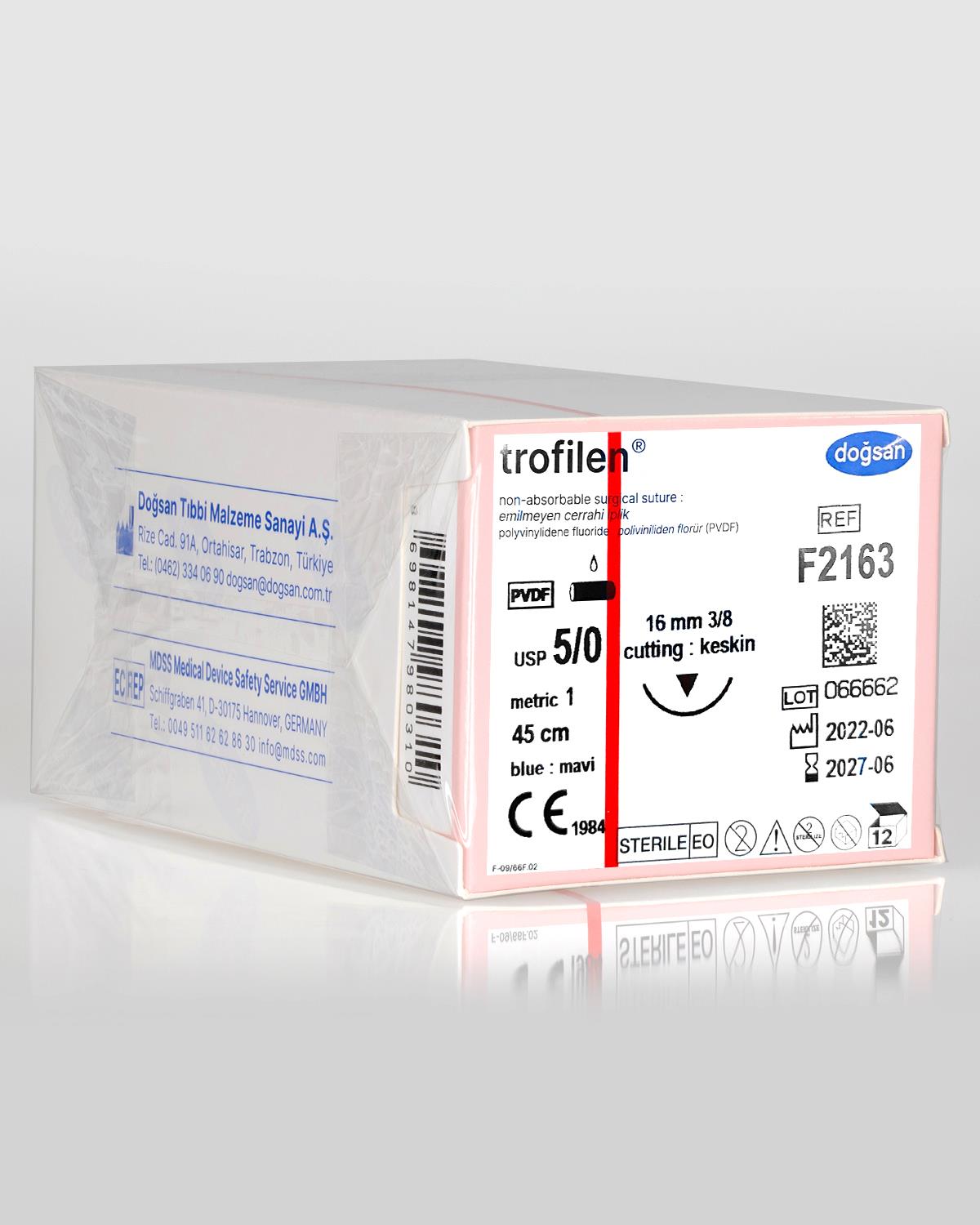 F2163 DOĞSAN Trofilen 5/0 16 3/8 Keskin (▼) 45cm PVDF Emilemeyen Sütür 12 Ad./Pkt