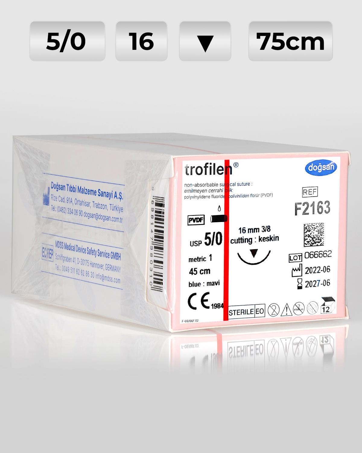 F2163 DOĞSAN Trofilen 5/0 16 3/8 Keskin (▼) 45cm PVDF Emilemeyen Sütür 12 Ad./Pkt