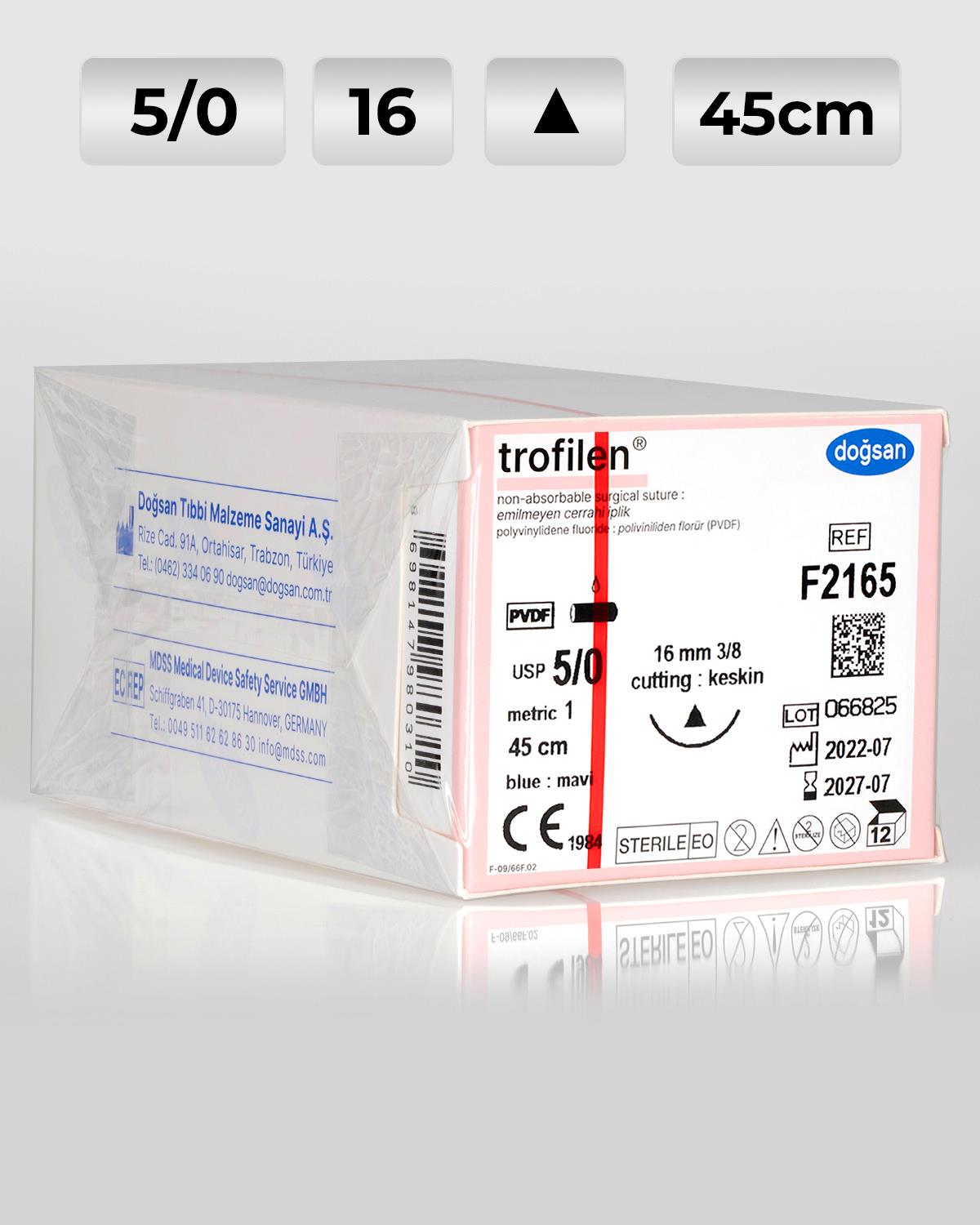 F2165 DOĞSAN Trofilen 5/0 16 3/8 Keskin (Δ) 45cm PVDF Emilemeyen Sütür 12 Ad./Pkt