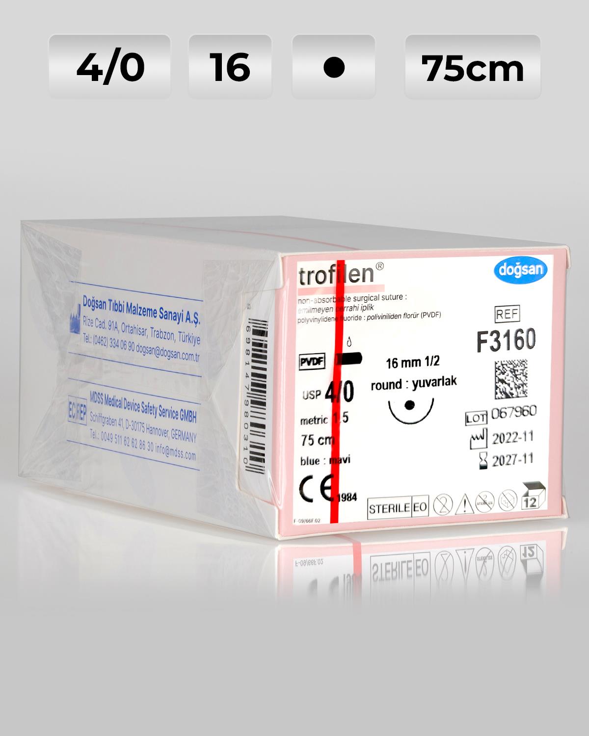 F3160 DOĞSAN Trofilen 4/0 16 1/2 Yuvarlak (●) 75cm PVDF Emilemeyen Sütür 12 Ad./Pkt