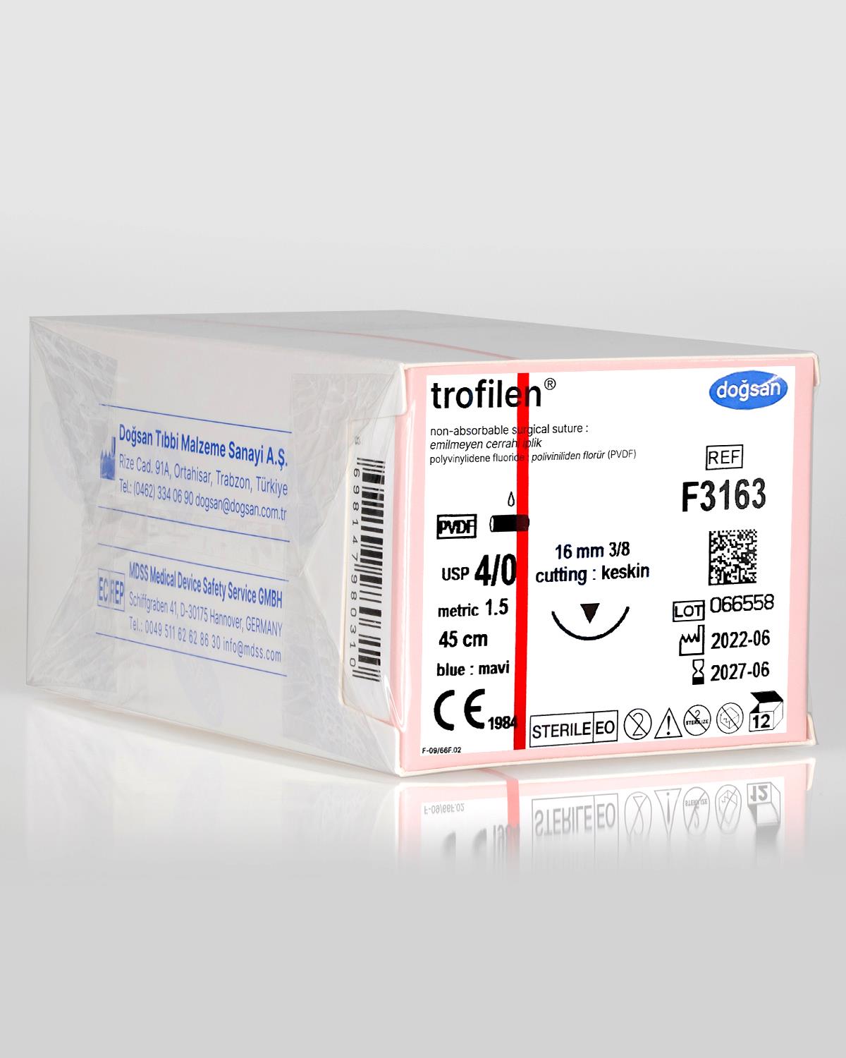 F3163 DOĞSAN Trofilen 4/0 16 3/8 Keskin (▼) 45cm PVDF Emilemeyen Sütür 12 Ad./Pkt