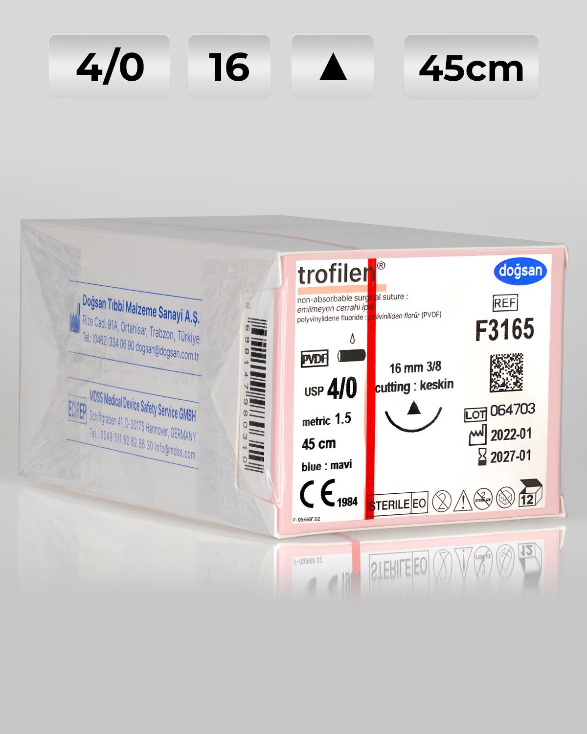 F3165 DOĞSAN Trofilen 4/0 16 3/8 Keskin (Δ) 45cm PVDF Emilemeyen Sütür 12 Ad./Pkt