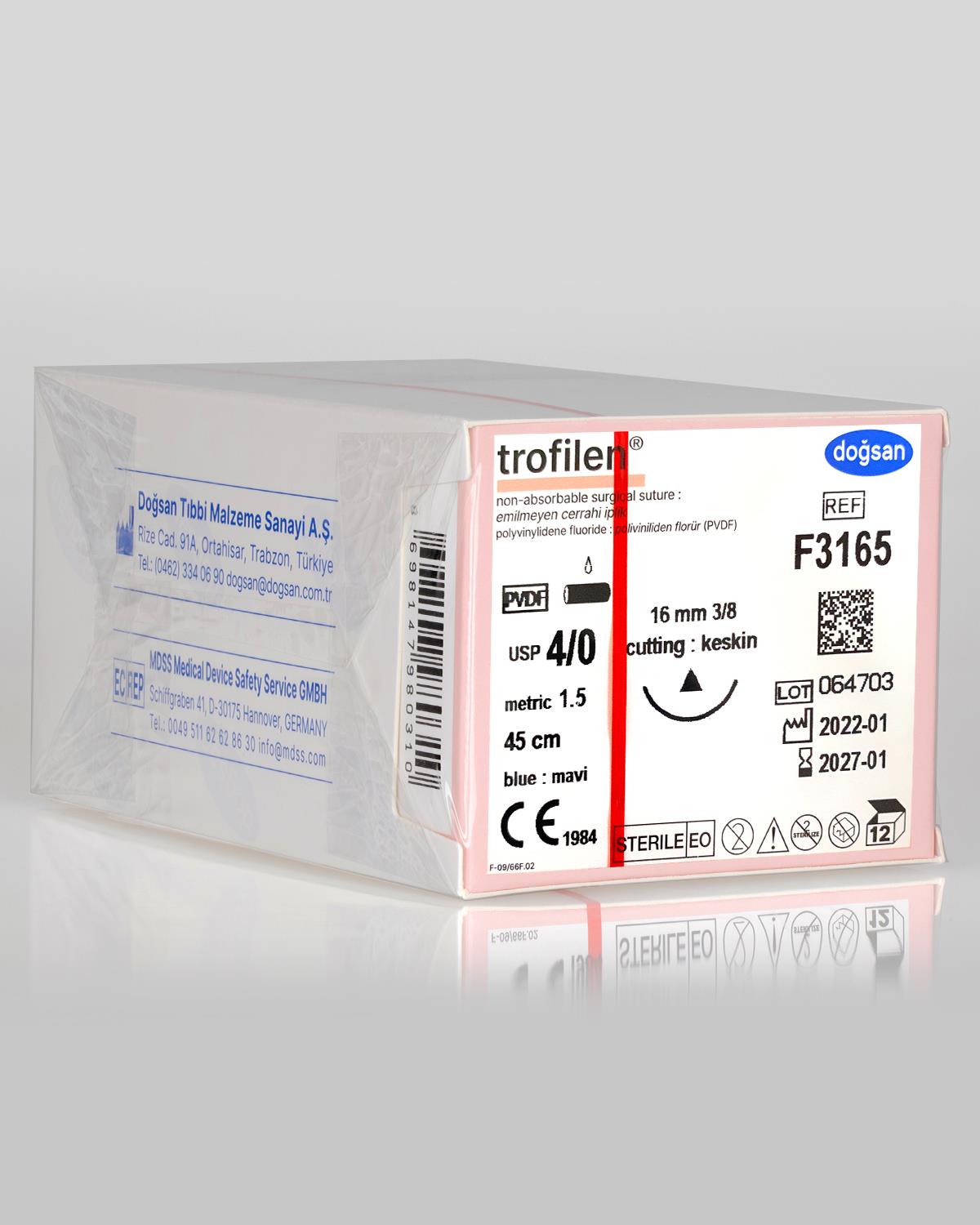 F3165 DOĞSAN Trofilen 4/0 16 3/8 Keskin (Δ) 45cm PVDF Emilemeyen Sütür 12 Ad./Pkt