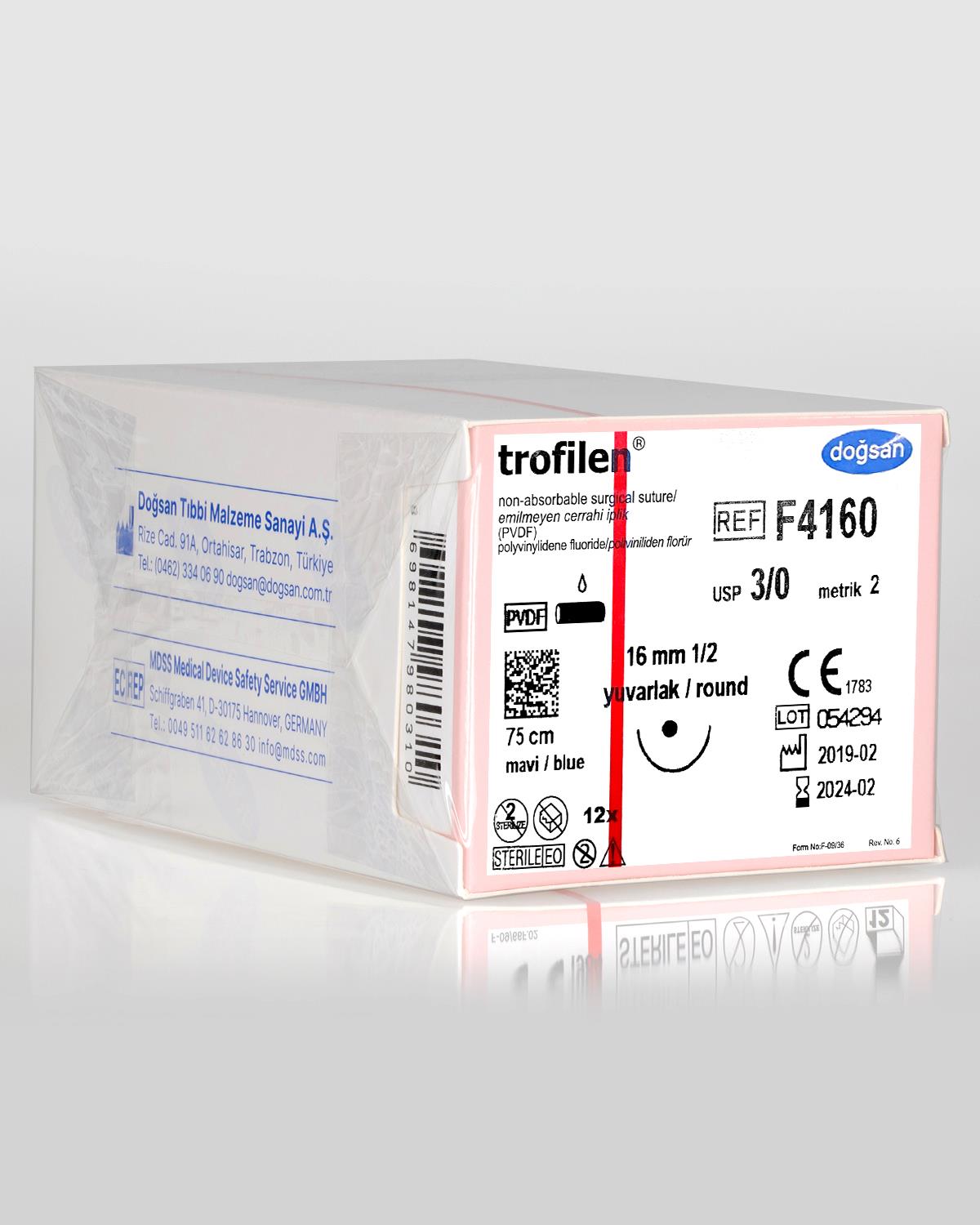 F4160 DOĞSAN Trofilen 3/0 16 1/2 Yuvarlak (●) 75cm PVDF Emilemeyen Sütür 12 Ad./Pkt