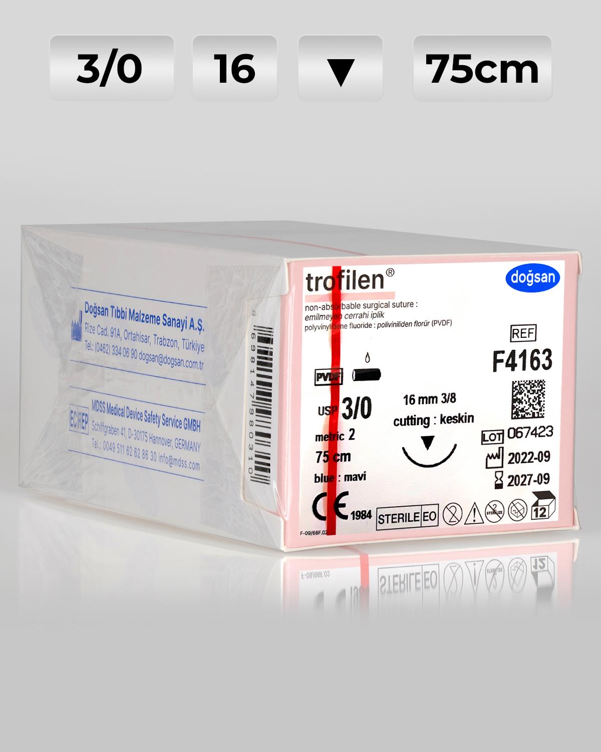 F4163 DOĞSAN Trofilen 3/0 16 3/8 Keskin (▼) 75cm PVDF Emilemeyen Sütür 12 Ad./Pkt