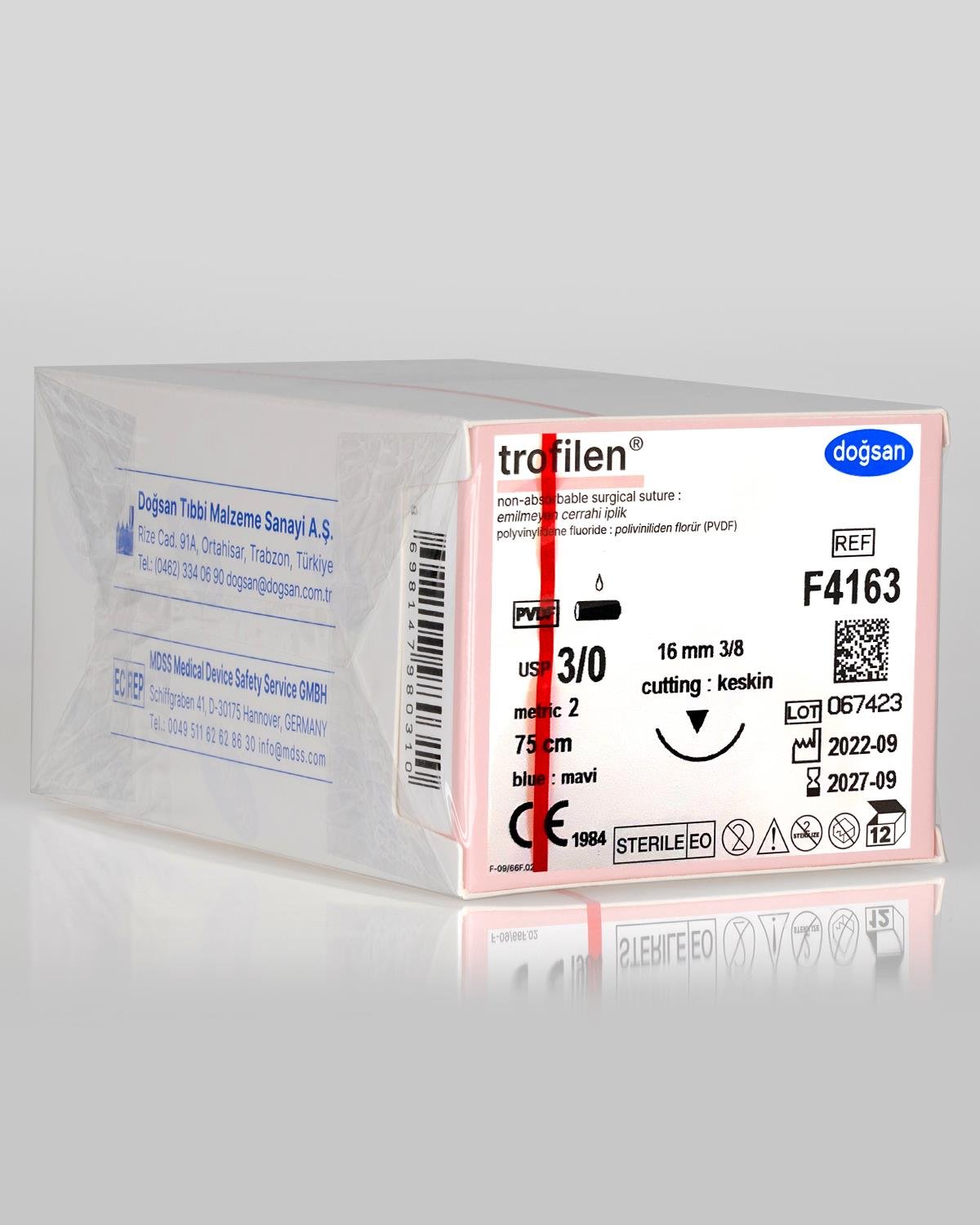 F4163 DOĞSAN Trofilen 3/0 16 3/8 Keskin (▼) 75cm PVDF Emilemeyen Sütür 12 Ad./Pkt