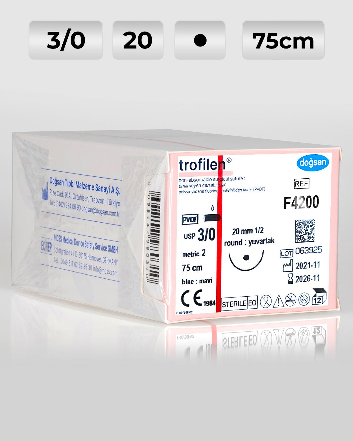 F4200 DOĞSAN Trofilen 3/0 20 1/2 Yuvarlak (●) 75cm PVDF Emilemeyen Sütür 12 Ad./Pkt
