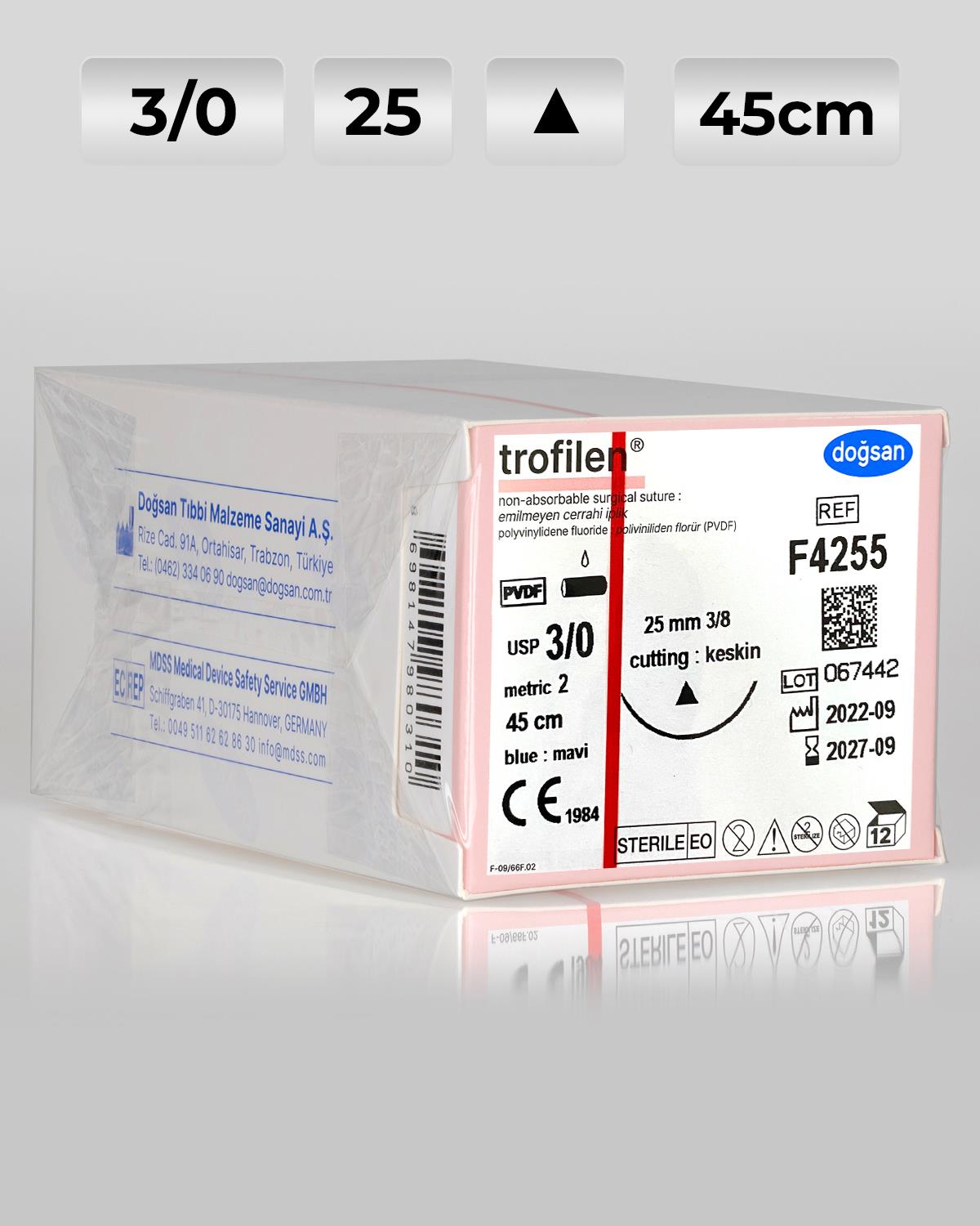 F4255 DOĞSAN Trofilen 3/0 25 3/8 Keskin (Δ) 45cm PVDF Emilemeyen Sütür 12 Ad./Pkt