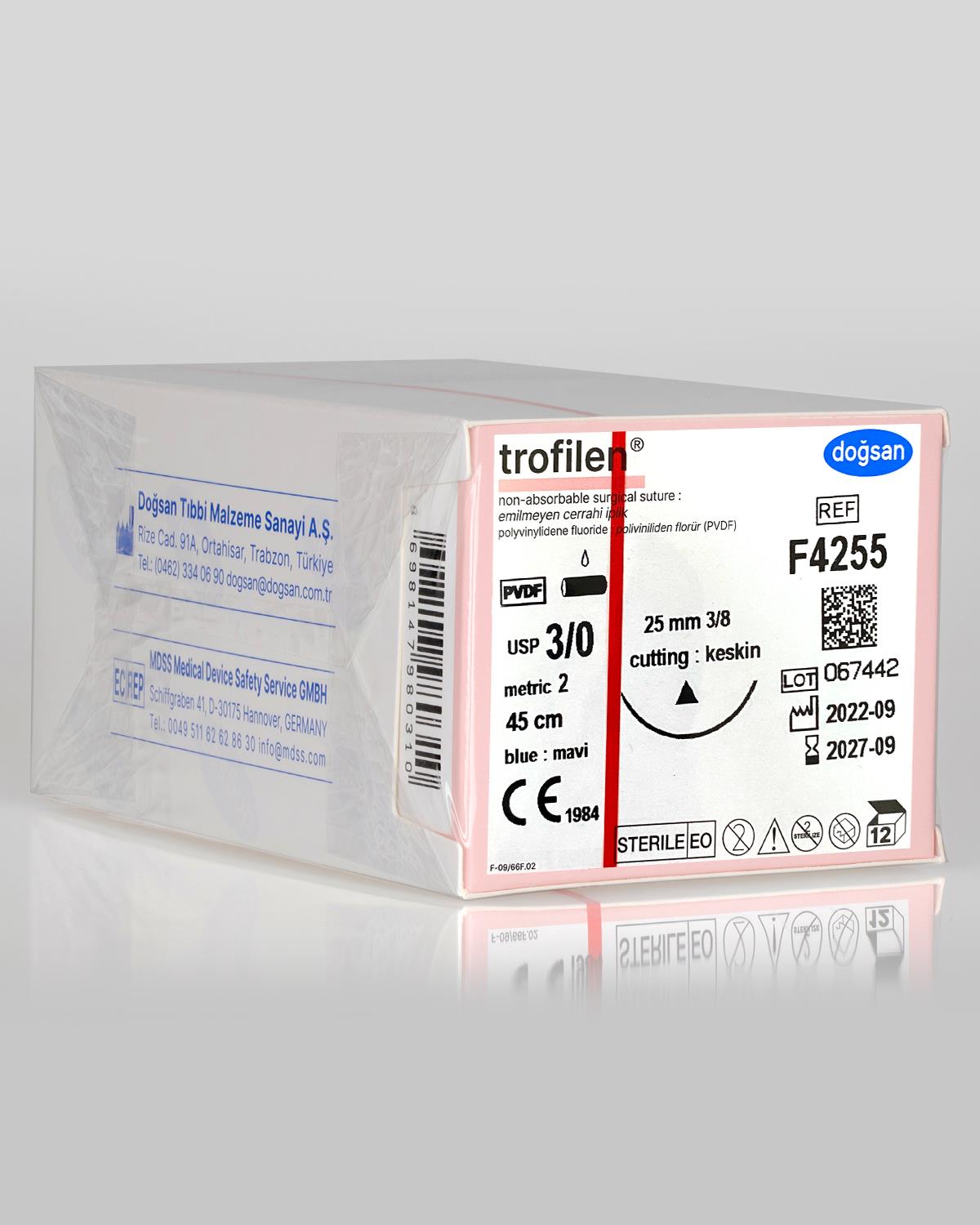 F4255 DOĞSAN Trofilen 3/0 25 3/8 Keskin (Δ) 45cm PVDF Emilemeyen Sütür 12 Ad./Pkt