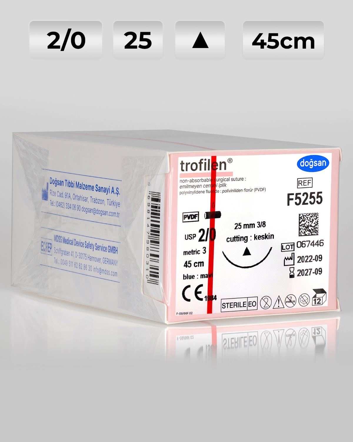 F5255 DOĞSAN Trofilen 2/0 25 3/8 Keskin (Δ) 45cm PVDF Emilemeyen Sütür 12 Ad./Pkt