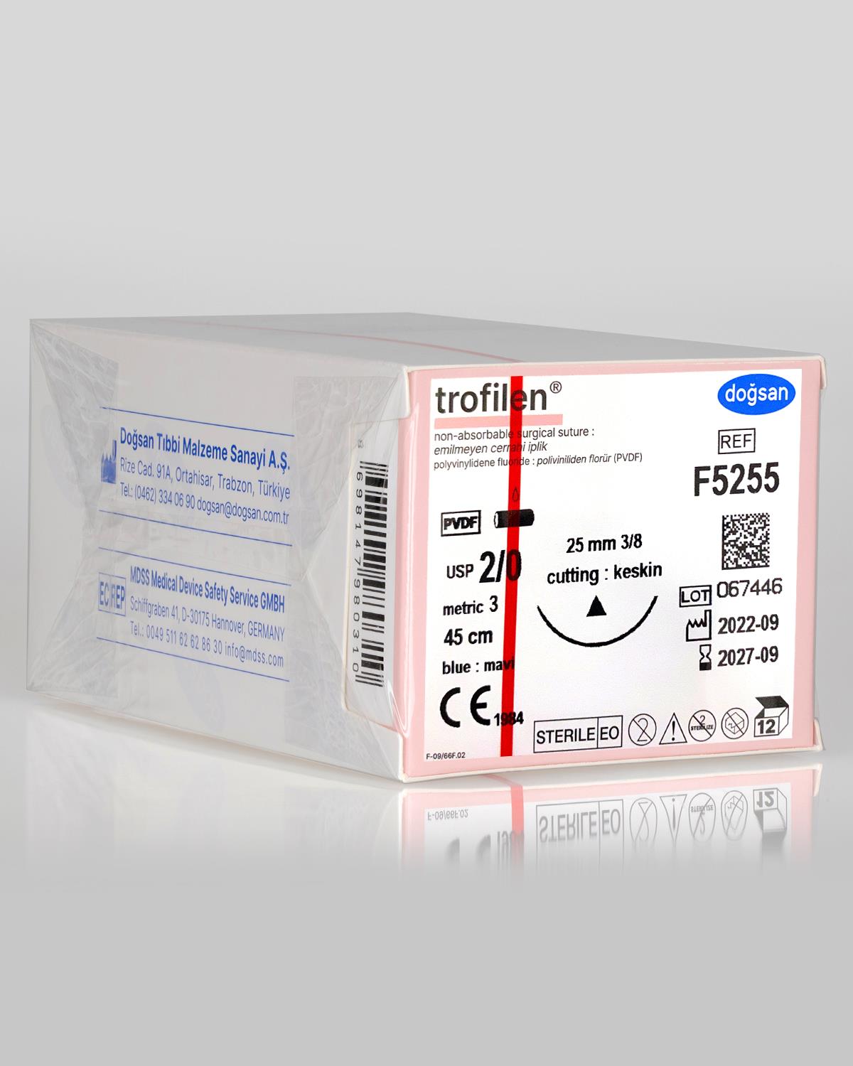 F5255 DOĞSAN Trofilen 2/0 25 3/8 Keskin (Δ) 45cm PVDF Emilemeyen Sütür 12 Ad./Pkt