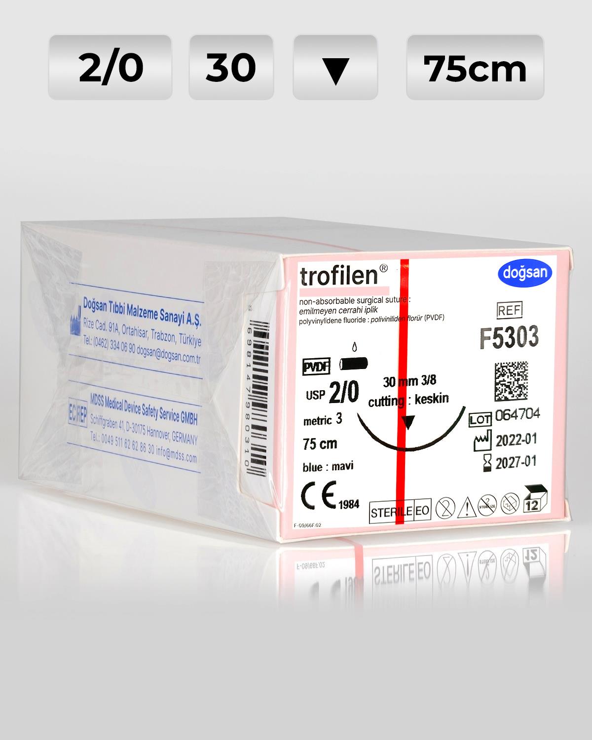 F5303 DOĞSAN Trofilen 2/0 30 3/8 Keskin (▼) 75cm PVDF Emilemeyen Sütür 12 Ad./Pkt