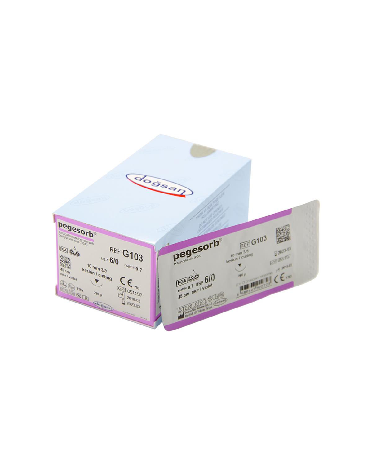 G103 Pegesorb 6/0 10 3/8 Keskin (▼) 45cm PGA Emilebilir Sütür 12 Ad./Pkt