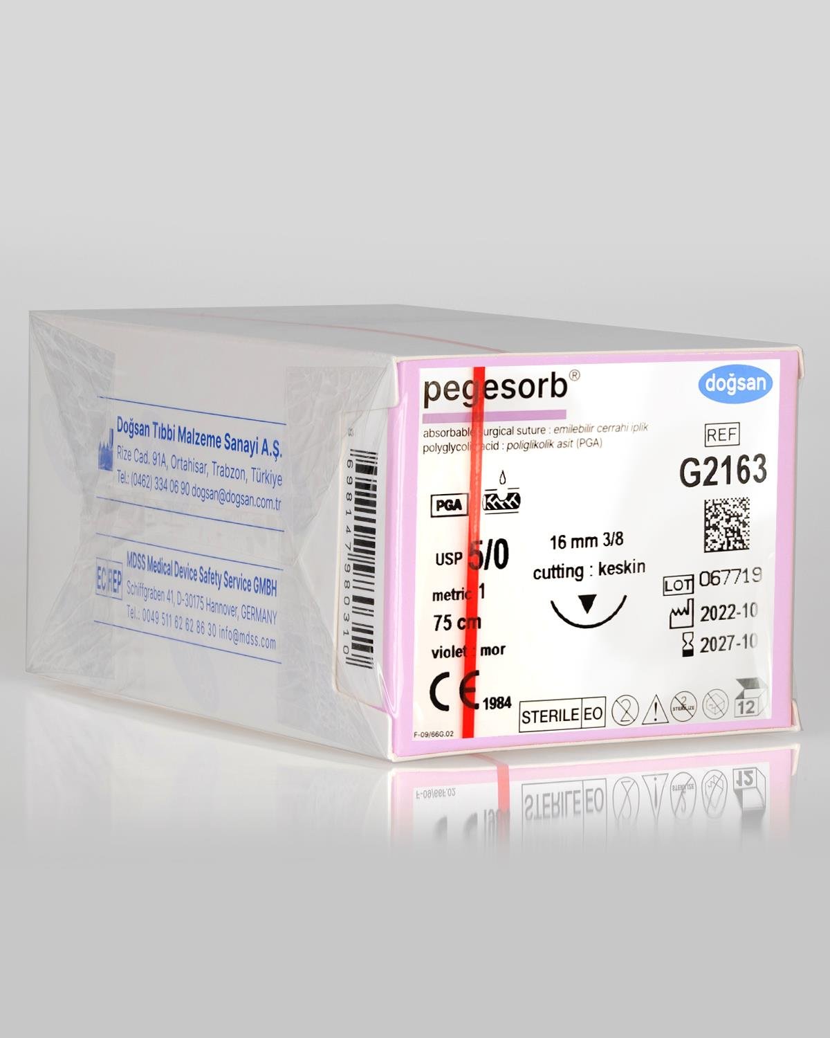 G2163 DOĞSAN Pegesorb 5/0 16 3/8 Keskin (▼) 75cm PGA Emilebilir Sütür 12 Ad./Pkt