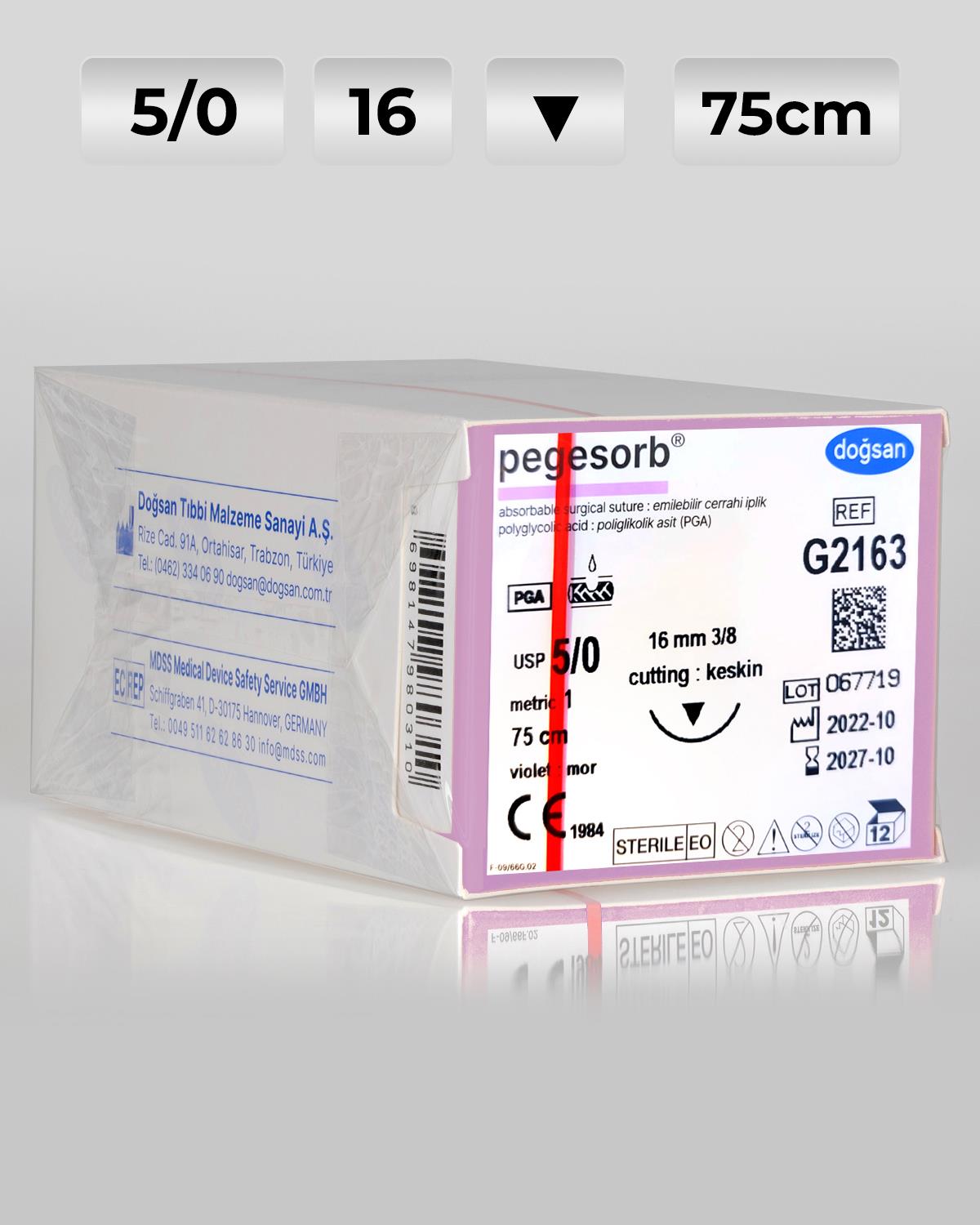 G2163 DOĞSAN Pegesorb 5/0 16 3/8 Keskin (▼) 75cm PGA Emilebilir Sütür 12 Ad./Pkt