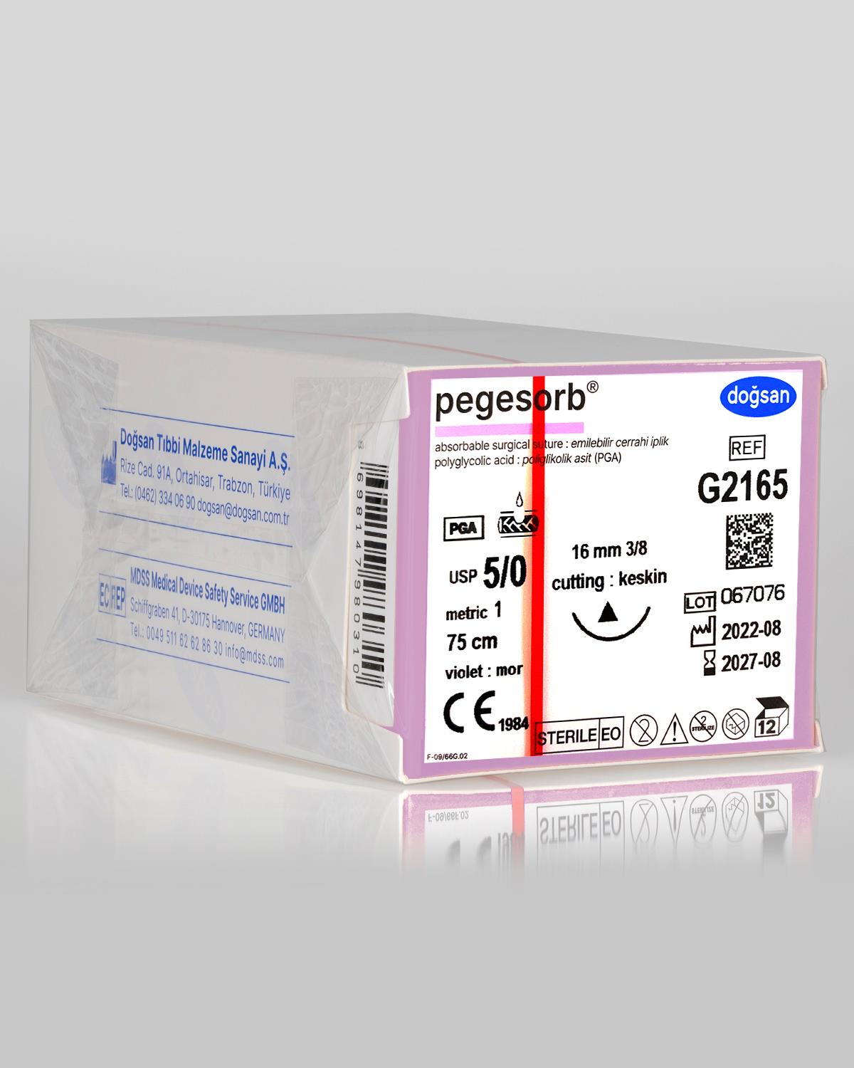 G2165 DOĞSAN Pegesorb 5/0 16 3/8 Keskin (Δ) 75cm PGA Emilebilir Sütür 12 Ad./Pkt