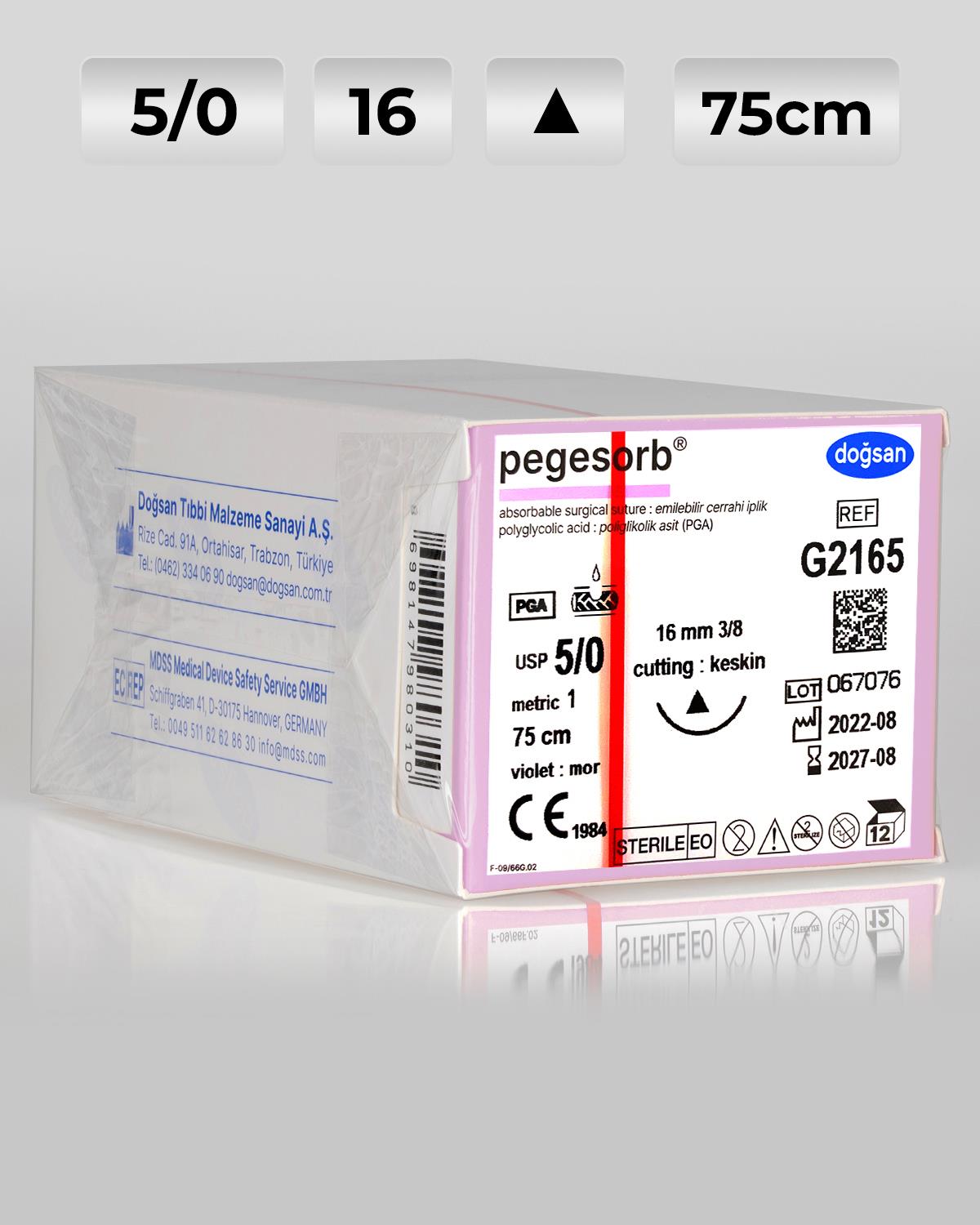 G2165 DOĞSAN Pegesorb 5/0 16 3/8 Keskin (Δ) 75cm PGA Emilebilir Sütür 12 Ad./Pkt