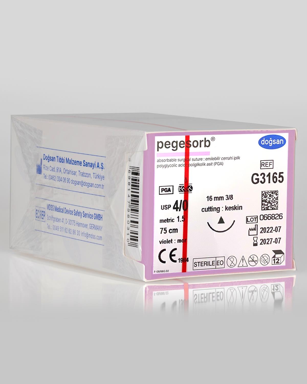 G3165 DOĞSAN Pegesorb 4/0 16 3/8 Keskin (Δ) 75cm PGA Emilebilir Sütür 12 Ad./Pkt