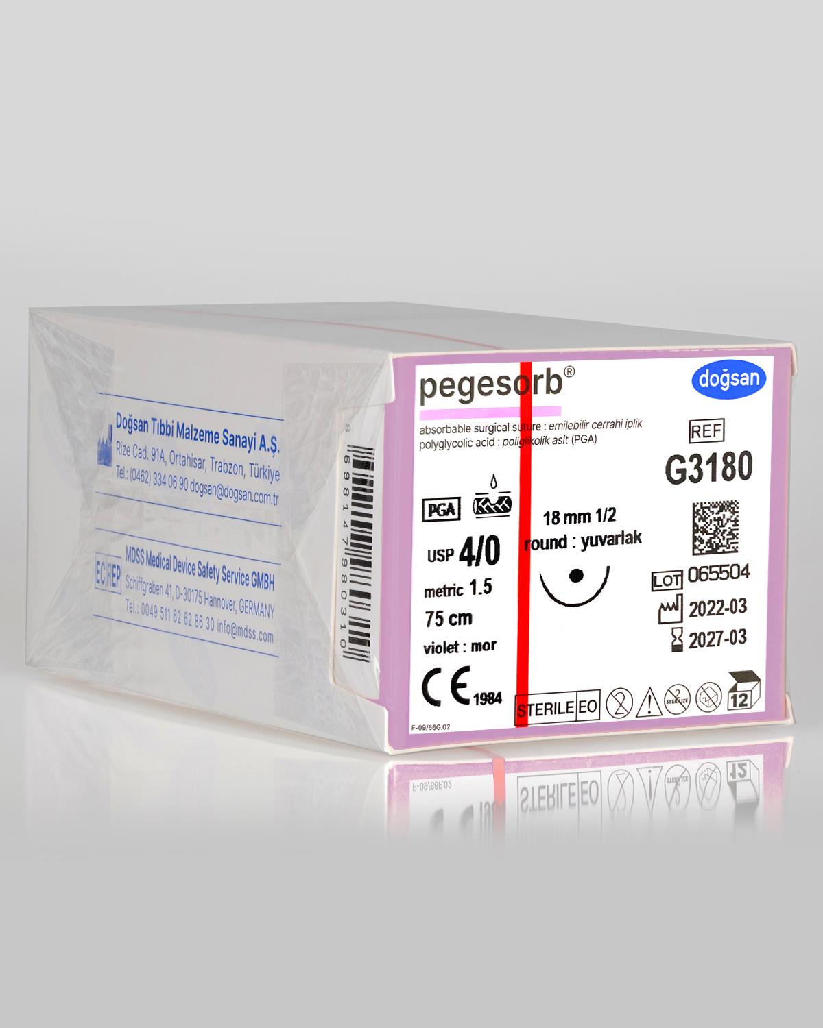 G3180 DOĞSAN Pegesorb 4/0 18 1/2 Yuvarlak (●) 75cm PGA Emilebilir Sütür 12 Ad./Pkt