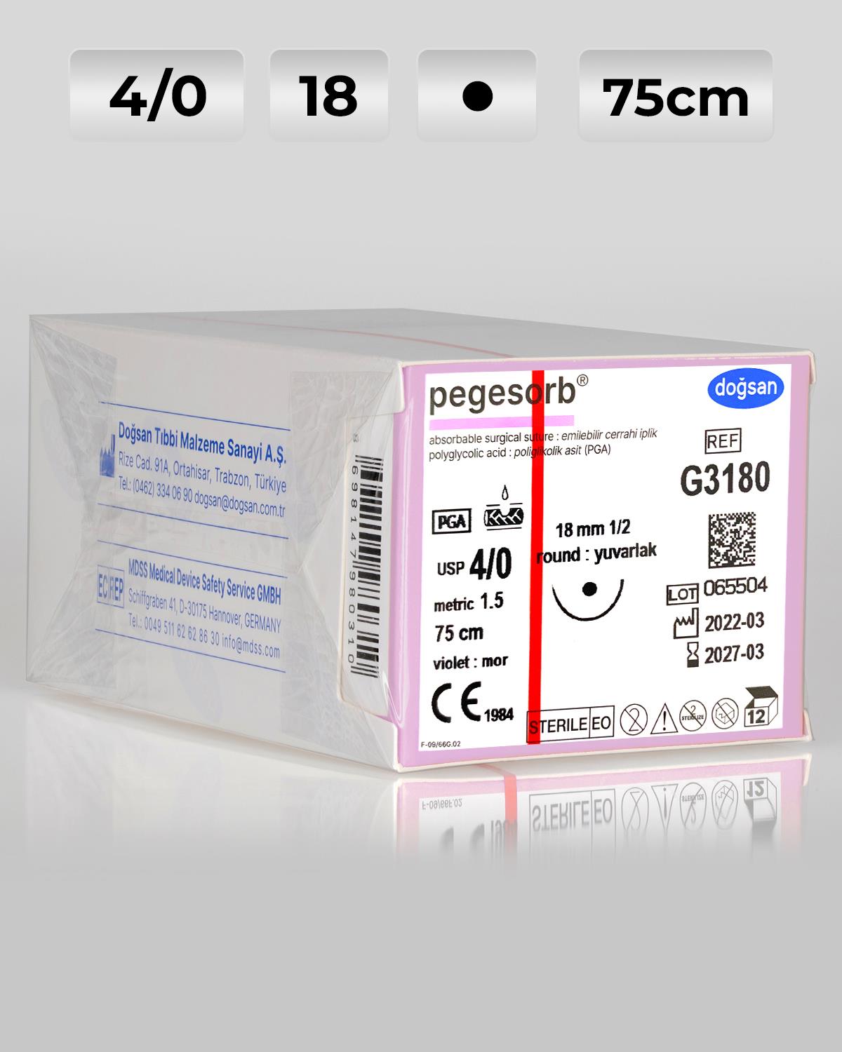 G3180 DOĞSAN Pegesorb 4/0 18 1/2 Yuvarlak (●) 75cm PGA Emilebilir Sütür 12 Ad./Pkt