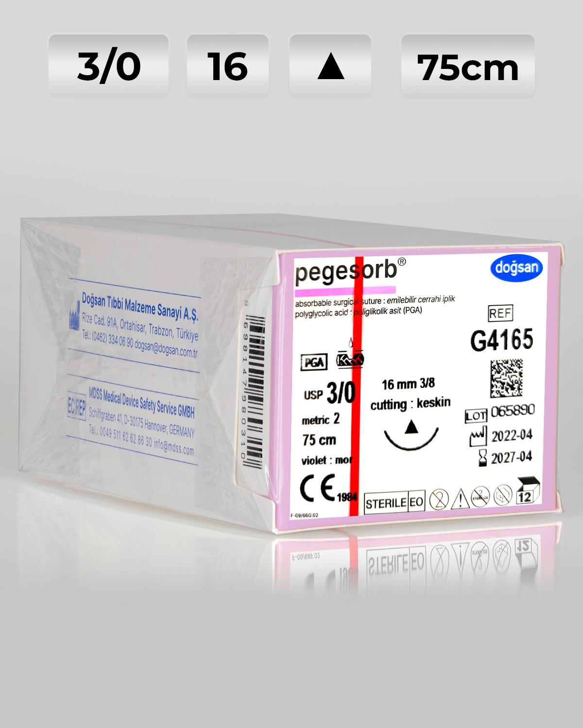 G4165 DOĞSAN Pegesorb 3/0 16 3/8 Keskin (Δ) 75cm PGA Emilebilir Sütür 12 Ad./Pkt