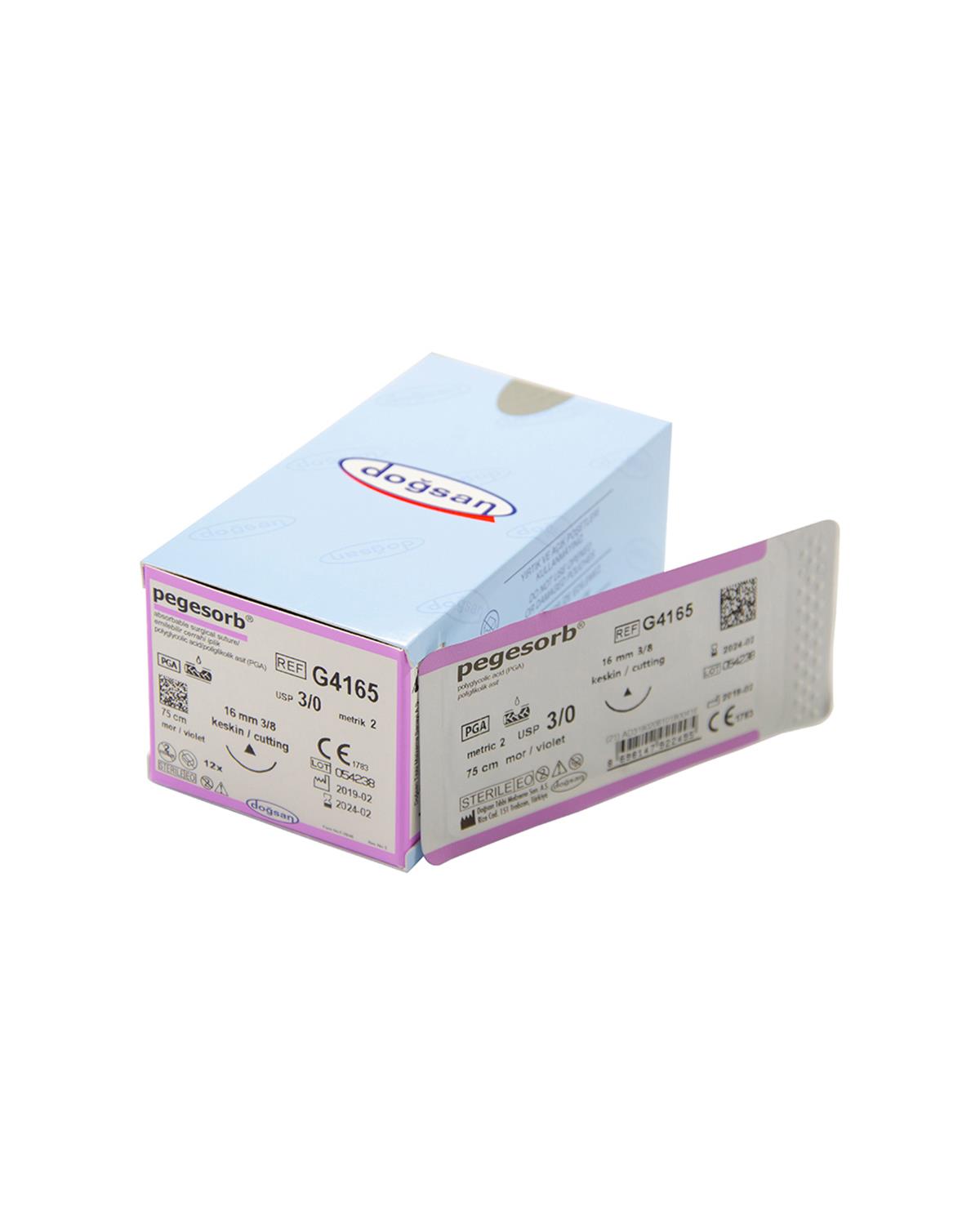 G4165 DOĞSAN Pegesorb 3/0 16 3/8 Keskin (Δ) 75cm PGA Emilebilir Sütür 12 Ad./Pkt