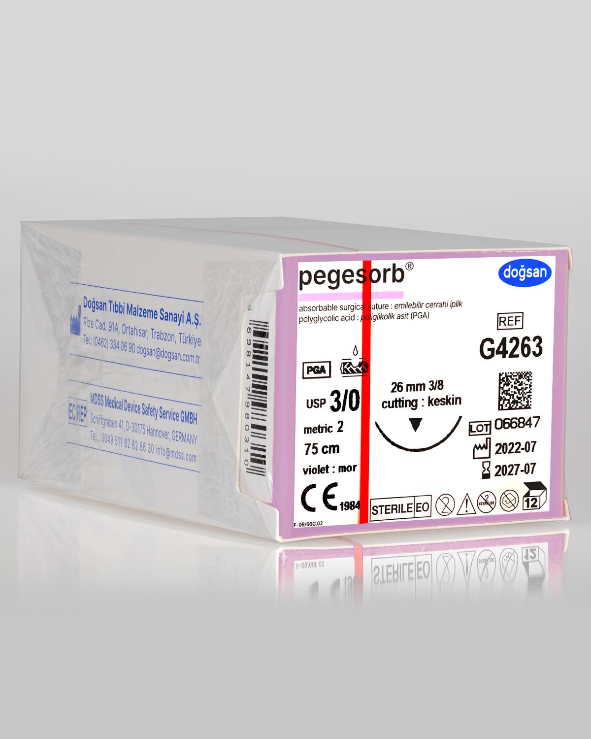 G4263 DOĞSAN Pegesorb 3/0 26 3/8 Keskin (▼) 75cm PGA Emilebilir Sütür 12 Ad./Pkt