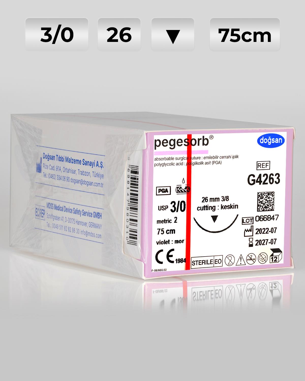 G4263 DOĞSAN Pegesorb 3/0 26 3/8 Keskin (▼) 75cm PGA Emilebilir Sütür 12 Ad./Pkt