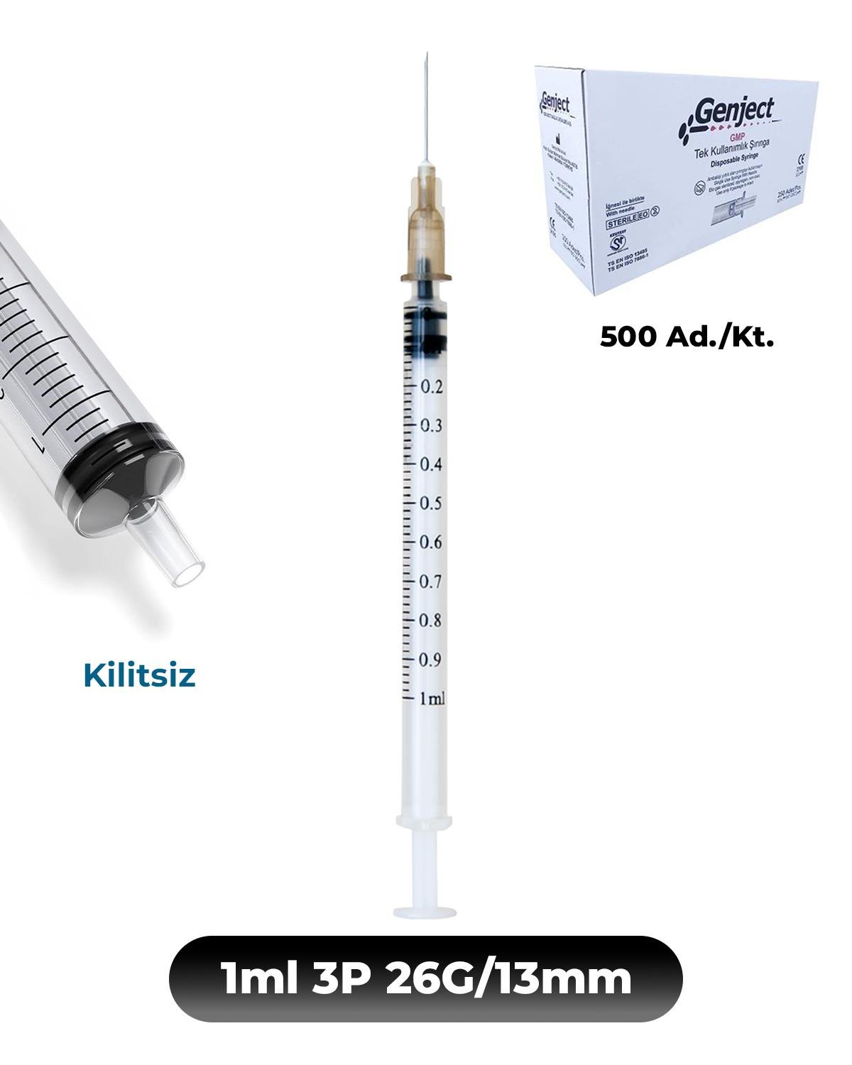 Genject 1 ml. , 3 Parçalı , 26G (0.46mm.), 13mm,Kahverengi İğneli Enjektör, İnsülin İğnesi, Botoks İğnesi 500 Ad./Kt.