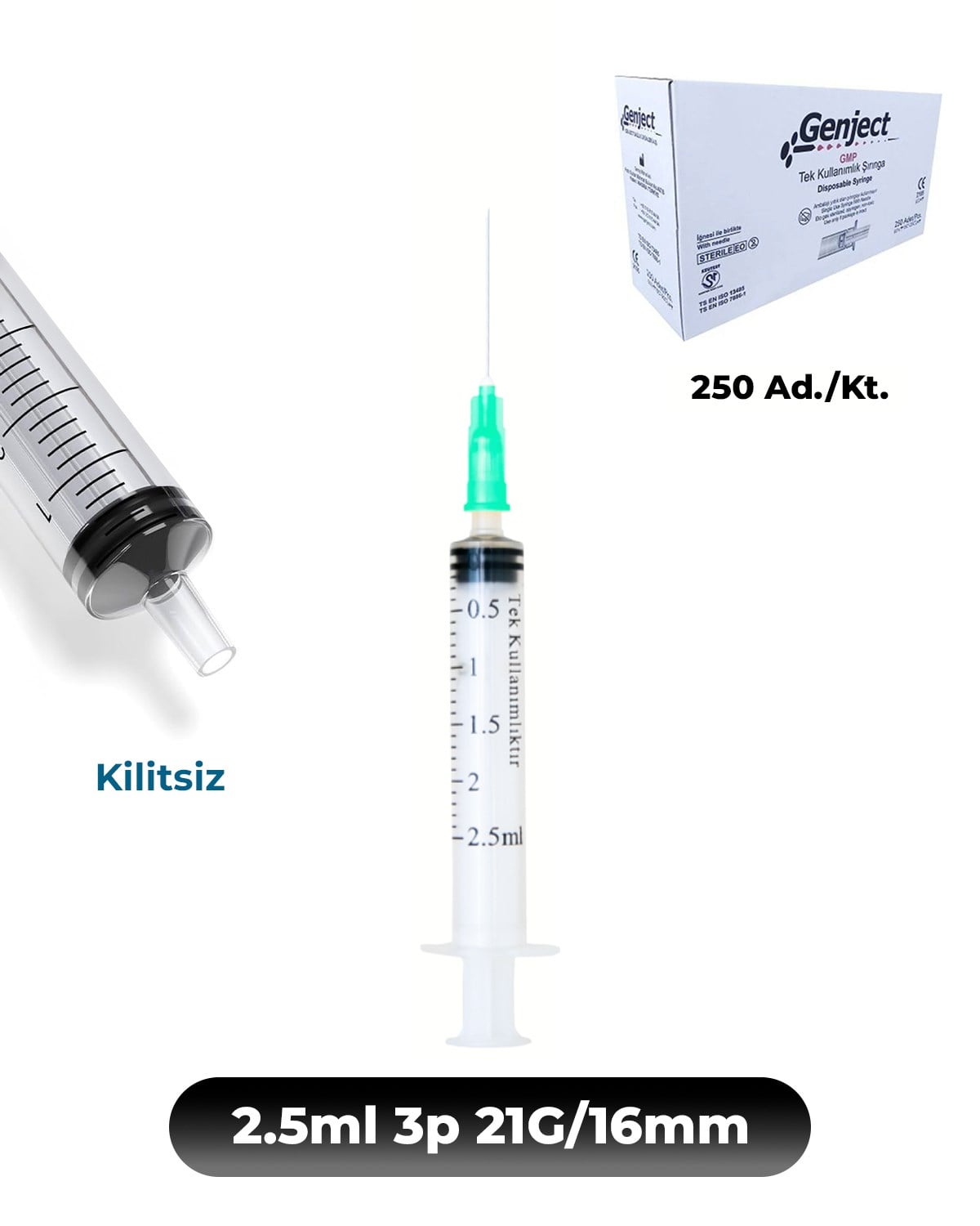 Genject 2,5 ml. , 3 Parçalı , 21G (0.82mm.), 16mm,Yeşil İğneli Şırınga, Enjektör 250 Ad./Kt. (K:1000)- 152MML087