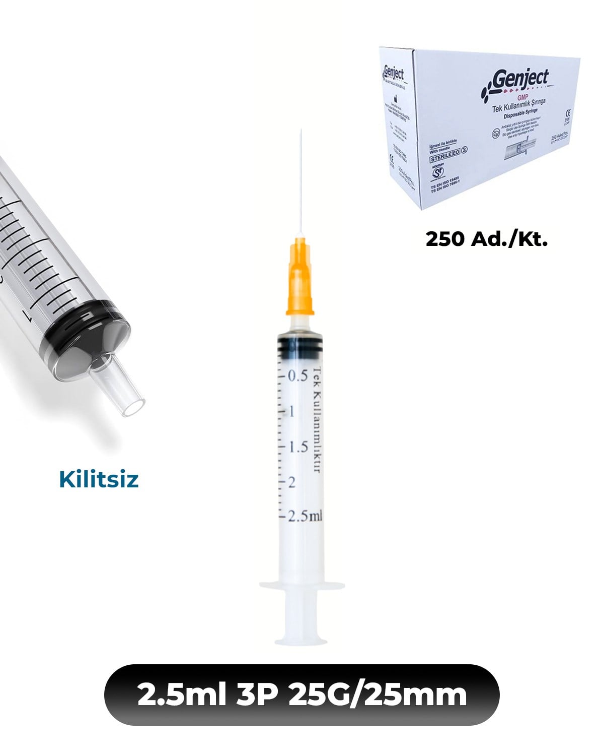 Genject 2,5 ml. , 3 Parçalı , 25G (0.51mm.), 25mm,Turuncu İğneli Enjektör, Aşı Enjektörü 250 Ad./Kt. (K:1000)- 152MML012