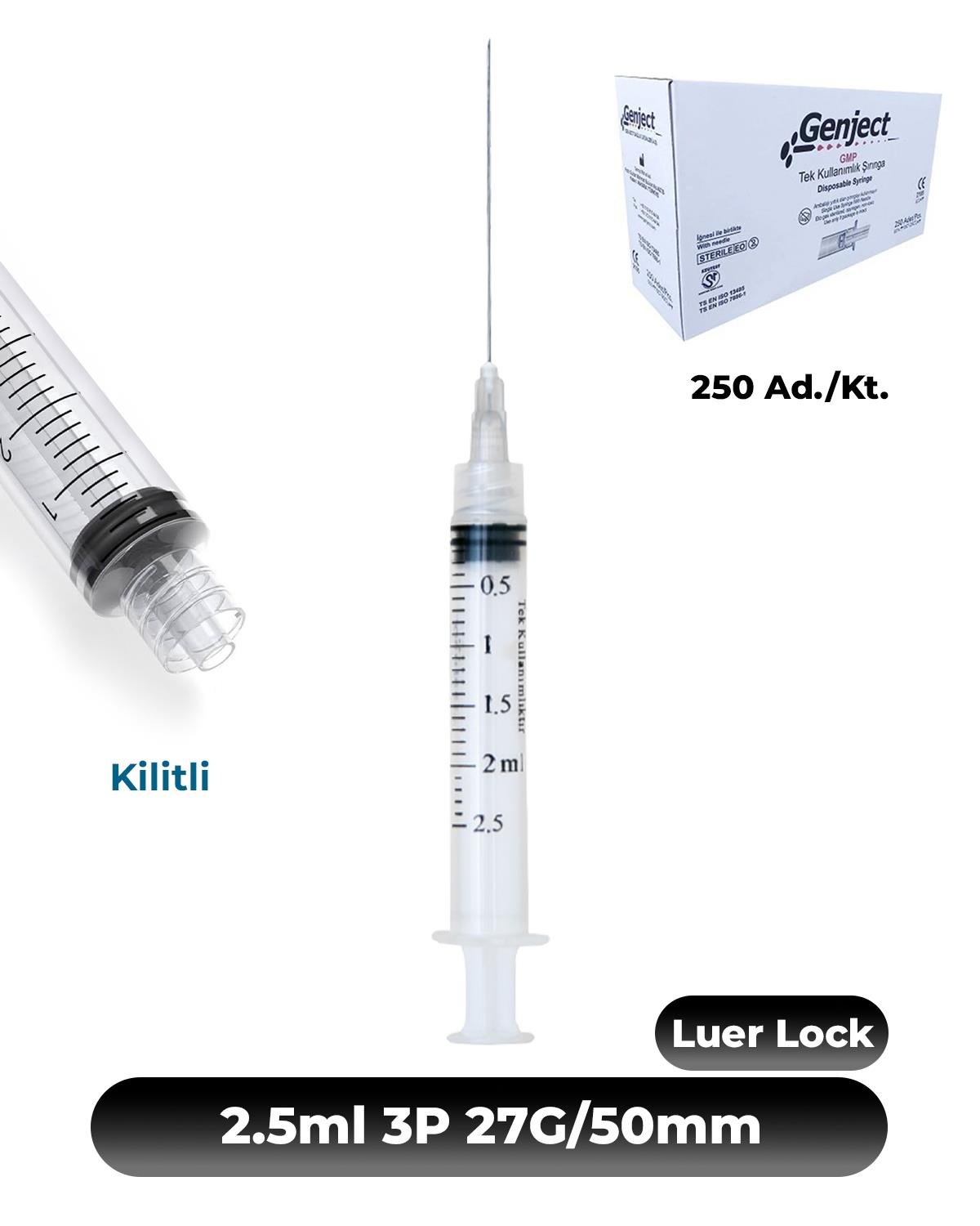 Genject 2,5 ml. , 3 Parçalı , 27G (0.41mm.), 50mm,Gri İğneli Dental Şırınga, LUER-LOCK Kilitli Dental Enjektör 250 Ad./Kt.