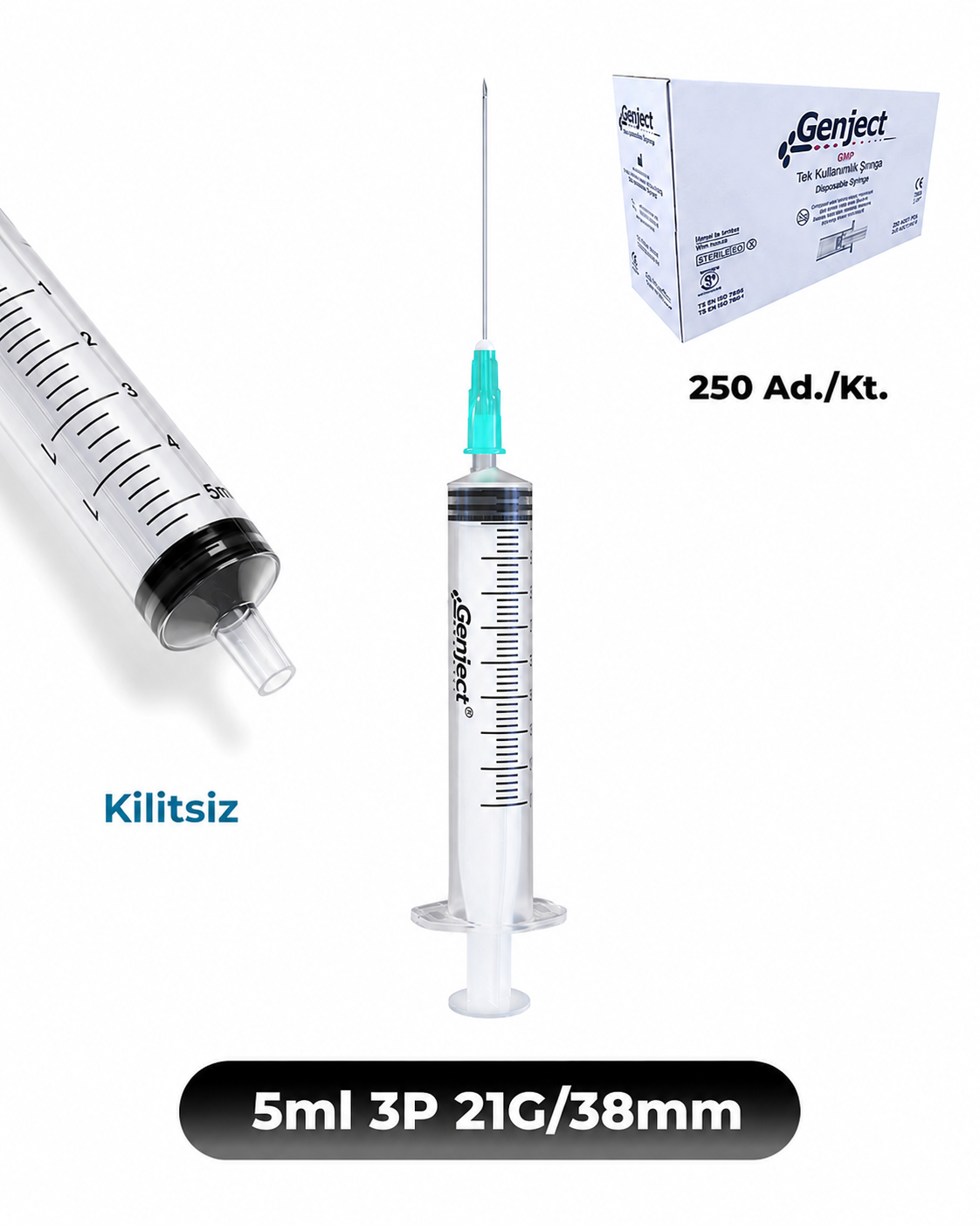 Genject 5 ml. , 3 Parçalı , 21G (0.82mm.), 38mm,Yeşil İğneli Şırınga, Enjektör 250 Ad./Kt.