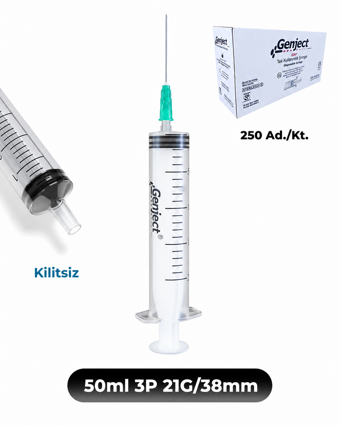 Genject 50 ml. , 3 Parçalı , 21G (0.82mm.), 38mm,Yeşil İğneli Şırınga, Enjektör 50 Ad./Kt.
