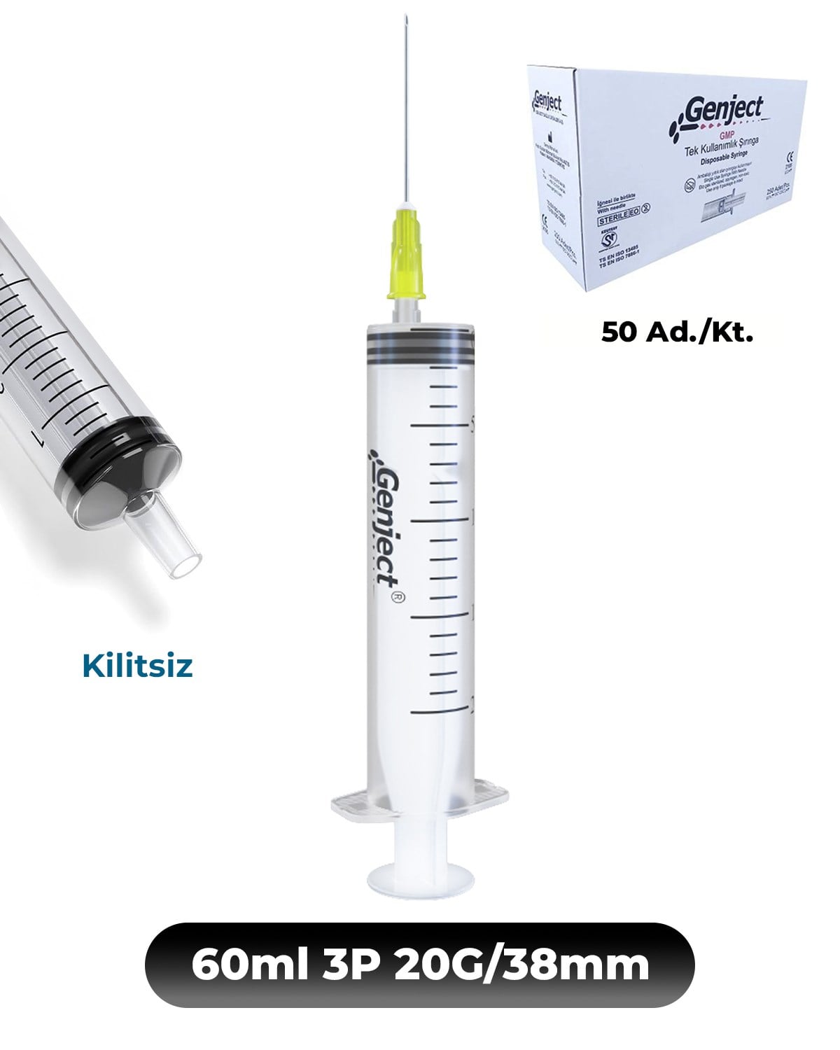 Genject 60 ml. , 3 Parçalı , 20G (0.91mm.), 38mm,Sarı İğneli Şırınga, Enjektör 50 Ad./Kt. (K:400)- 152MML044