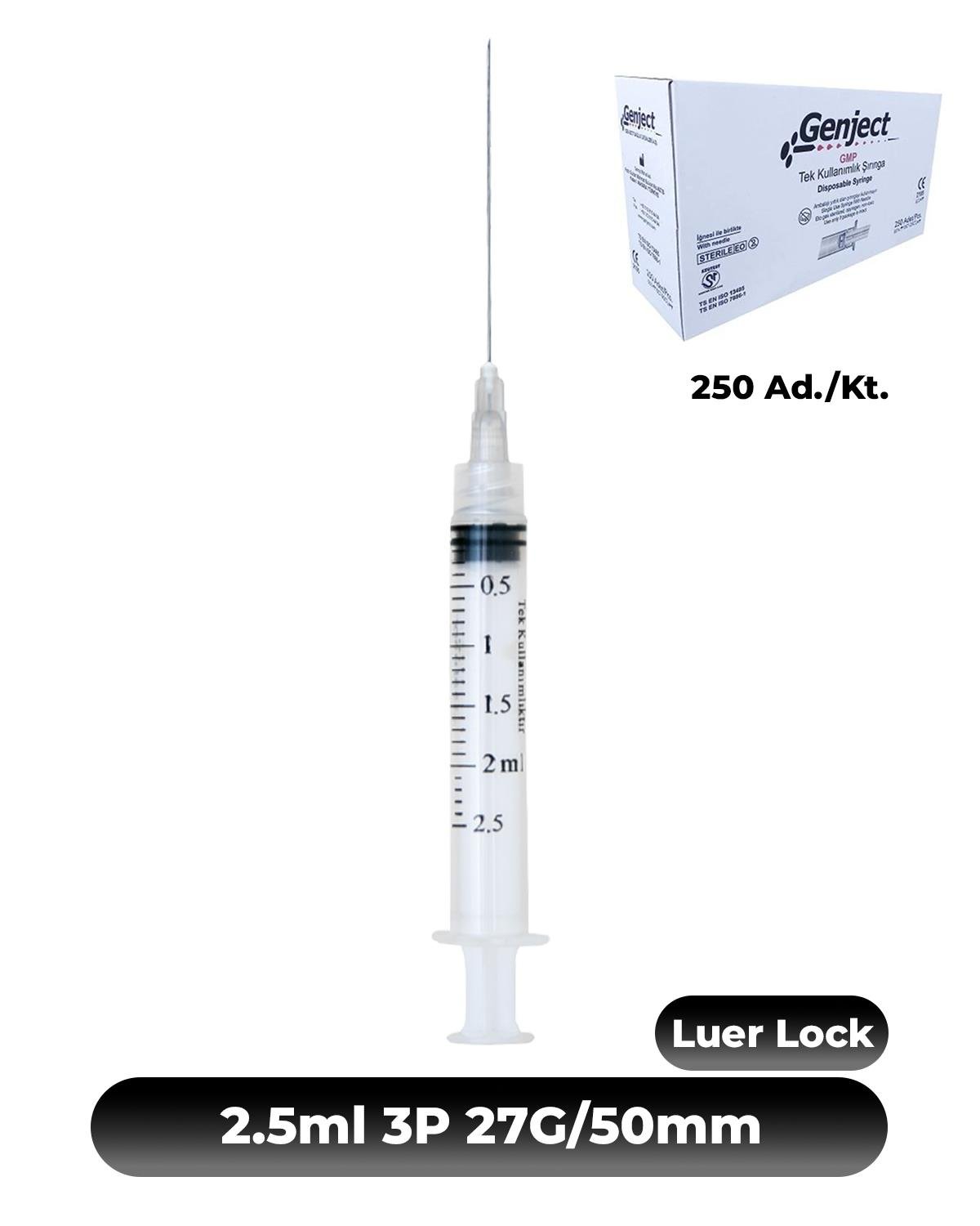 Genject  Kilitli (LUER-LOCK) Enjektör ve İğneler 27G (0-41mm-) 50mm 250- 152MML124