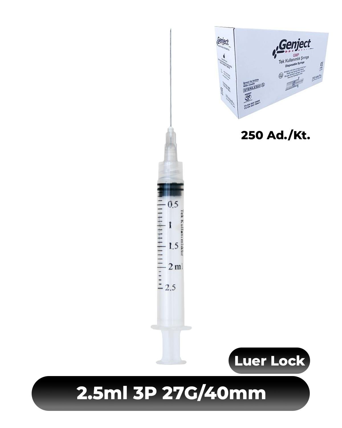 Genject  Kilitli (LUER-LOCK) Enjektör ve İğneler 27G (0-41mm-) 40mm 250- 152MML123