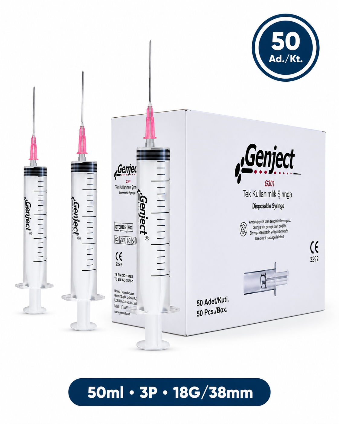 Genject  Kilitsiz (Luer Slip) Enjektör ve İğneler 18G (1-27mm-) 38mm 50- 152MML043