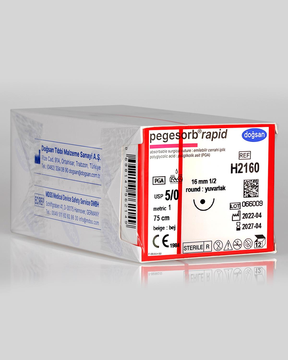 H2160 DOĞSAN Pegesorb Rapid 5/0 16 1/2 Yuvarlak (●) 75cm PGLA Emilebilir Sütür 12 Ad./Pkt