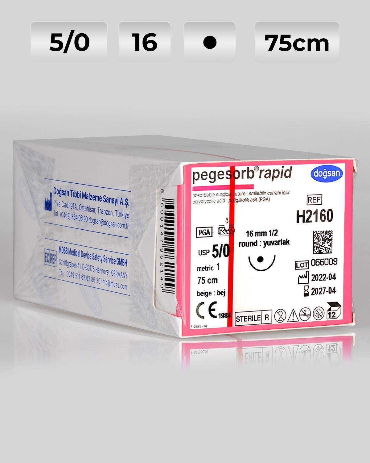 H2160 DOĞSAN Pegesorb Rapid 5/0 16 1/2 Yuvarlak (●) 75cm PGLA Emilebilir Sütür 12 Ad./Pkt