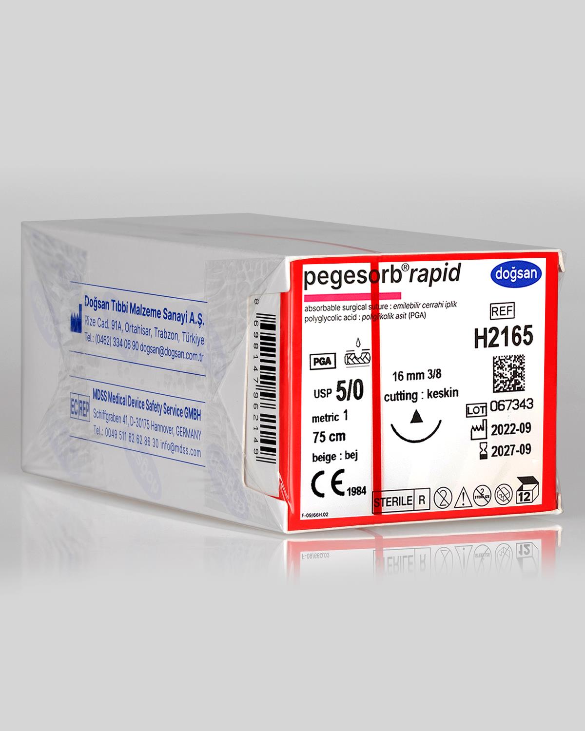 H2165 DOĞSAN Pegesorb Rapid 5/0 16 3/8 Keskin (Δ) 75cm PGLA Emilebilir Sütür 12 Ad./Pkt