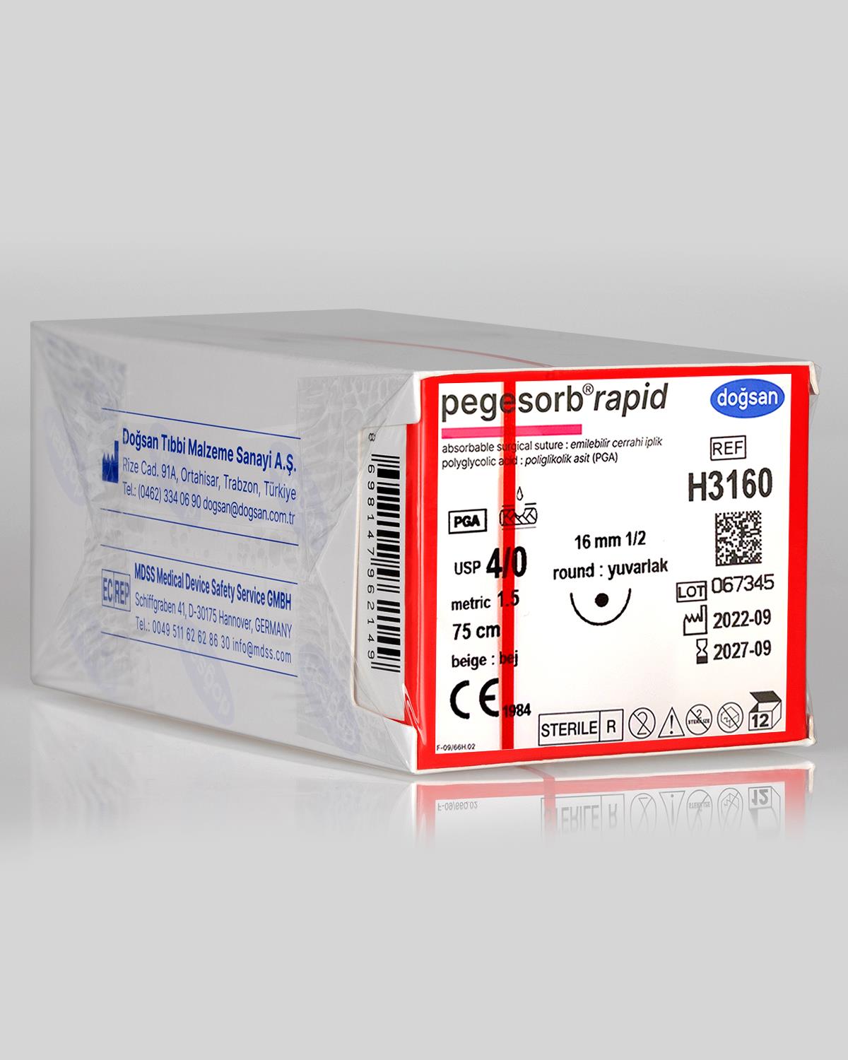 H3160 DOĞSAN Pegesorb Rapid 4/0 16 1/2 Yuvarlak (●) 75cm PGLA Emilebilir Sütür 12 Ad./Pkt